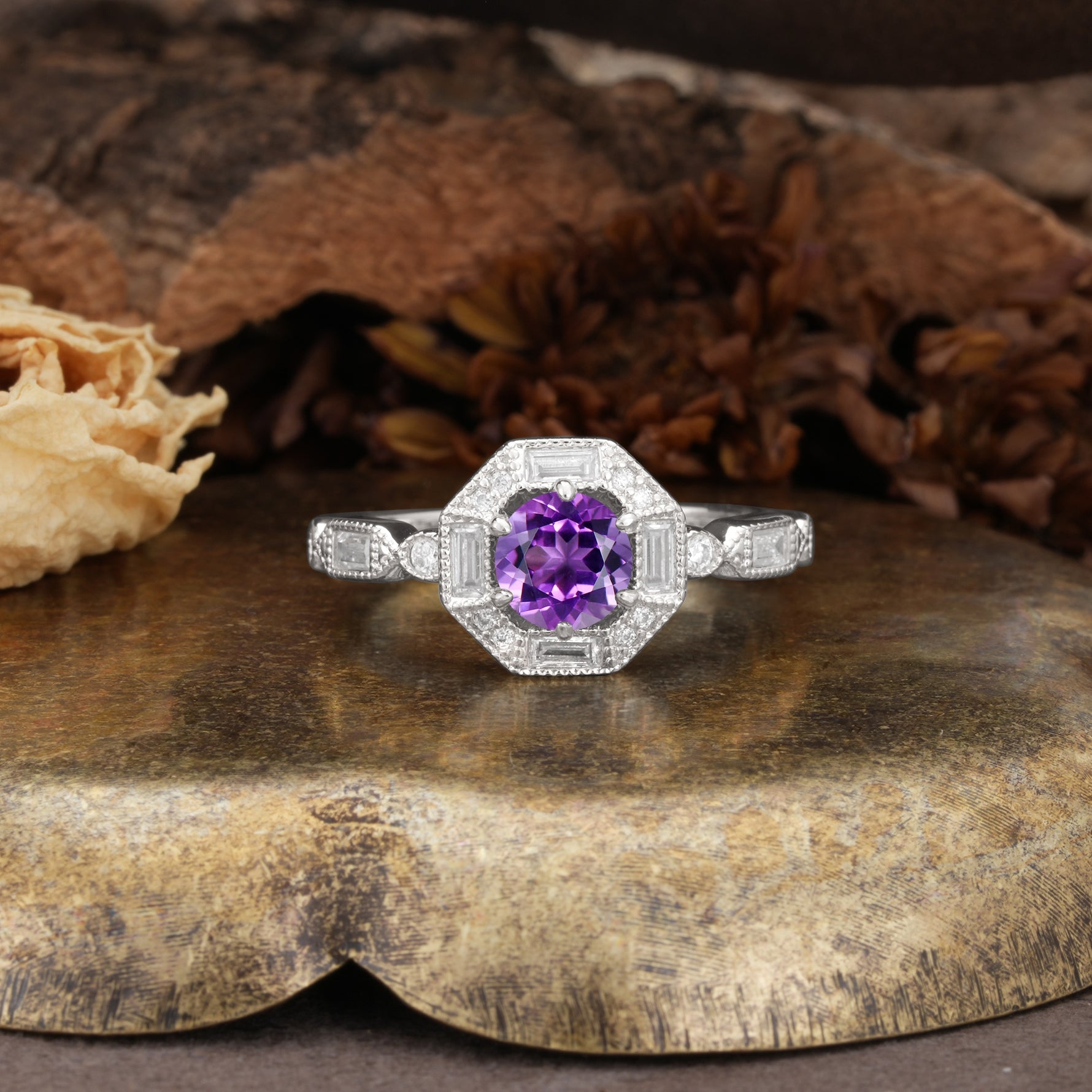 Classic Vintage Six-Prong Round-Cut Amethyst Engagement Ring - Additional view