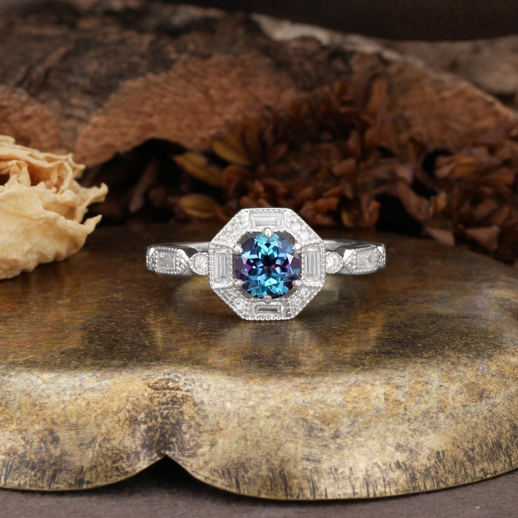 Classic Vintage Six-Prong Round-Cut Alexandrite Engagement Ring - Additional view