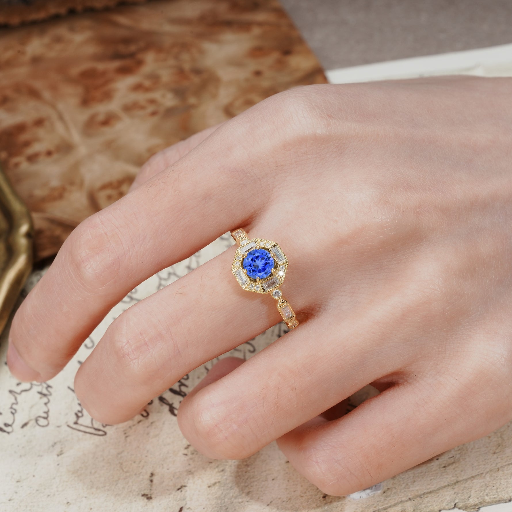 Classic Vintage Six-Prong Round-Cut Sapphire Engagement Ring - Additional view