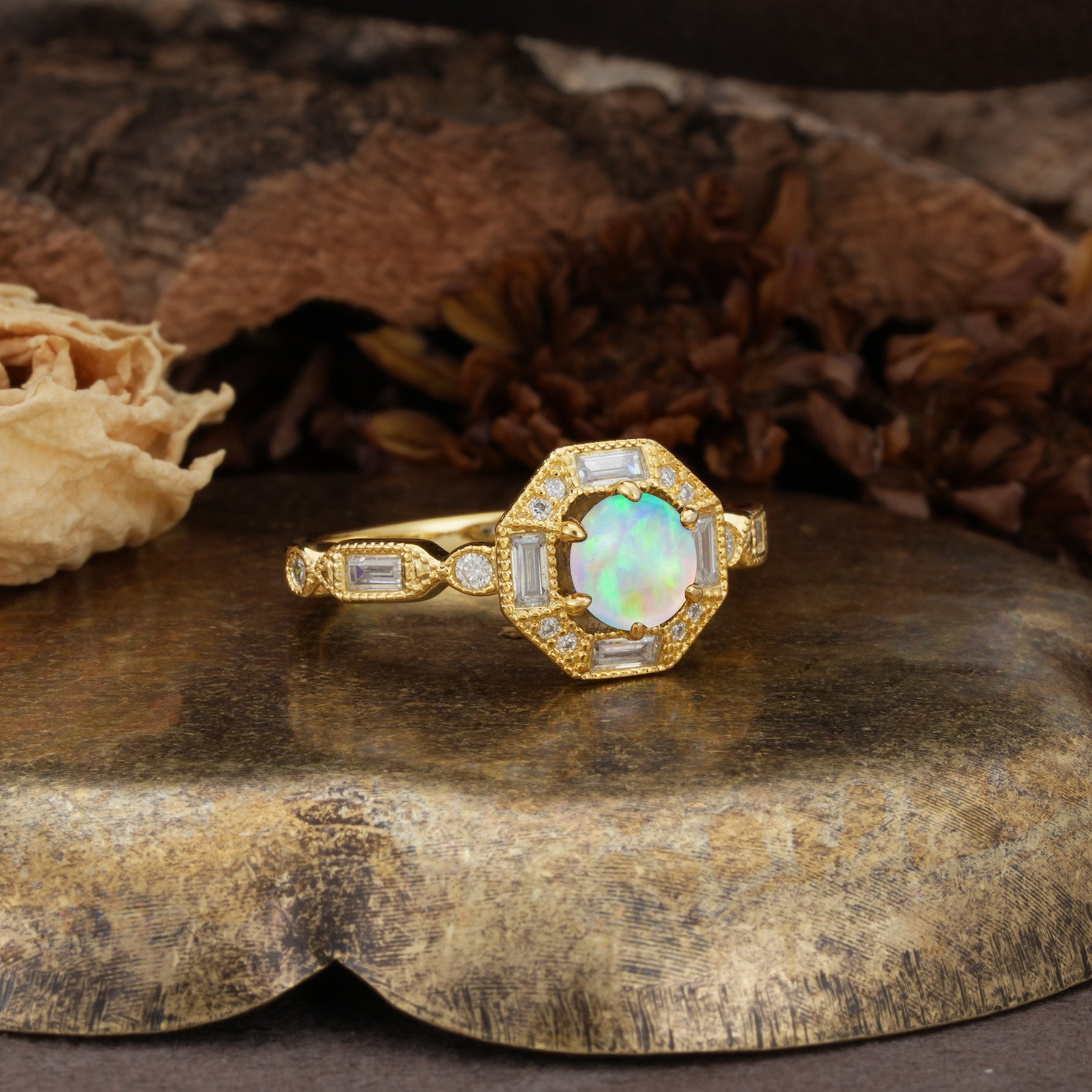 Classic Vintage Six-Prong Round-Cut Fire Opal Engagement Ring - Additional view