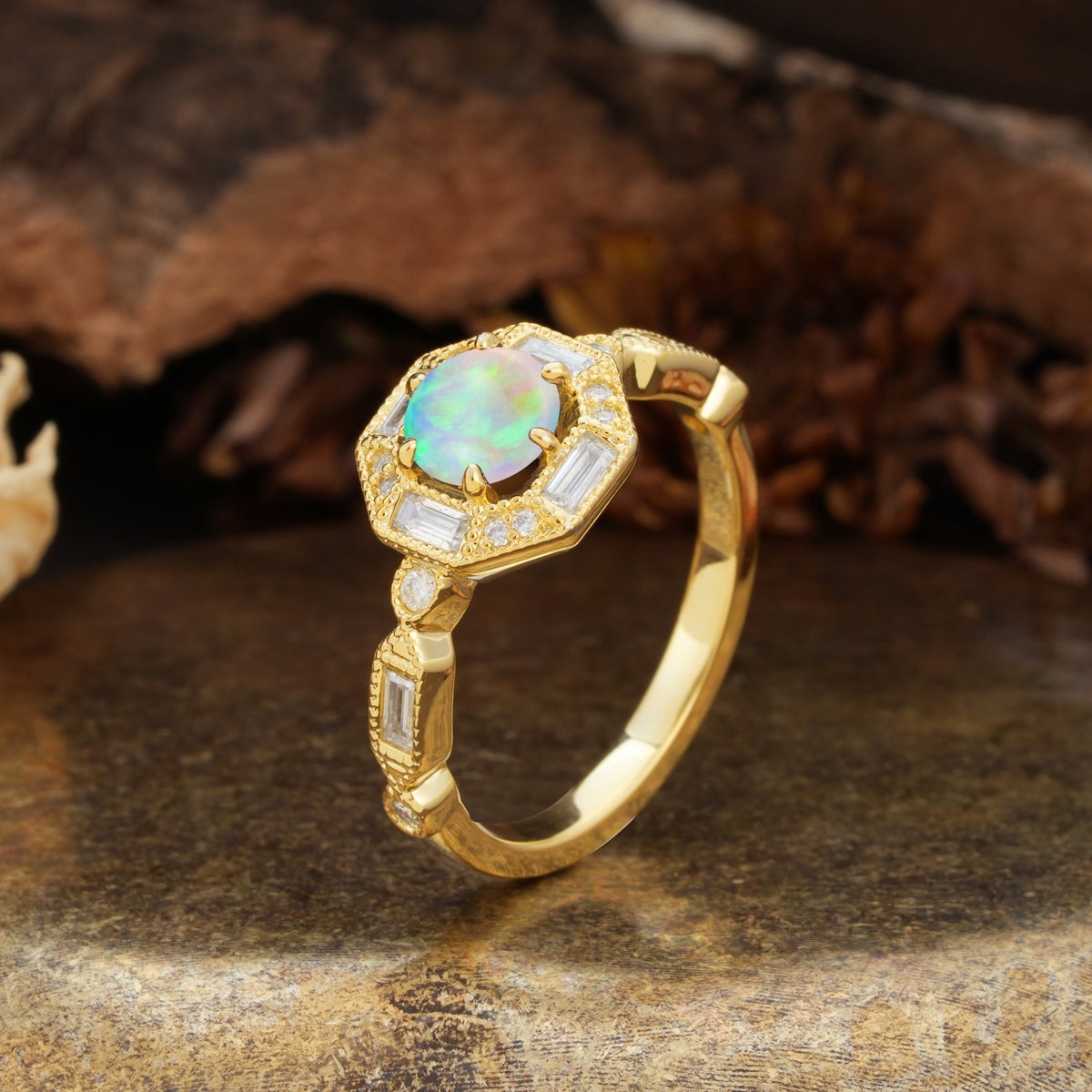 Classic Vintage Six-Prong Round-Cut Fire Opal Engagement Ring - Additional view