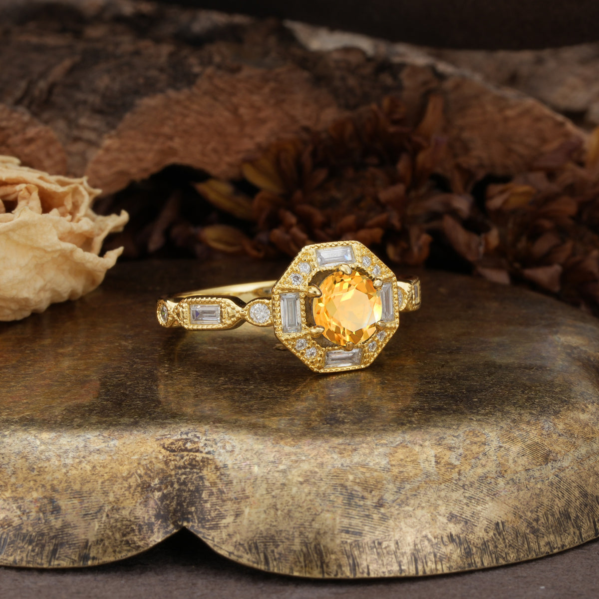 Classic Vintage Six-Prong Round-Cut Citrine Engagement Ring - Additional view