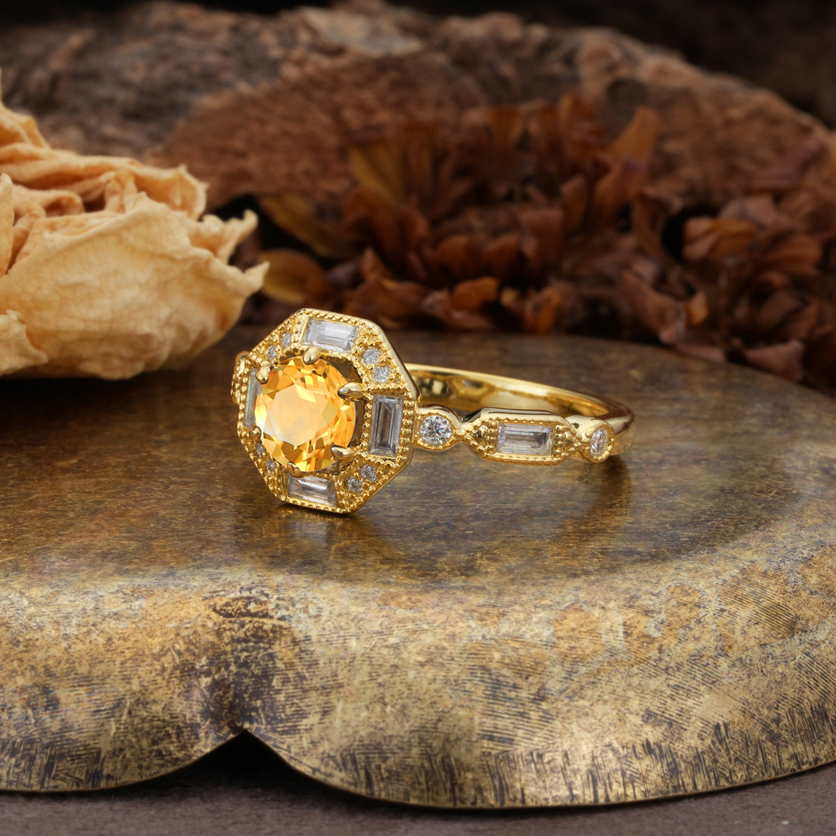 Classic Vintage Six-Prong Round-Cut Citrine Engagement Ring - Additional view