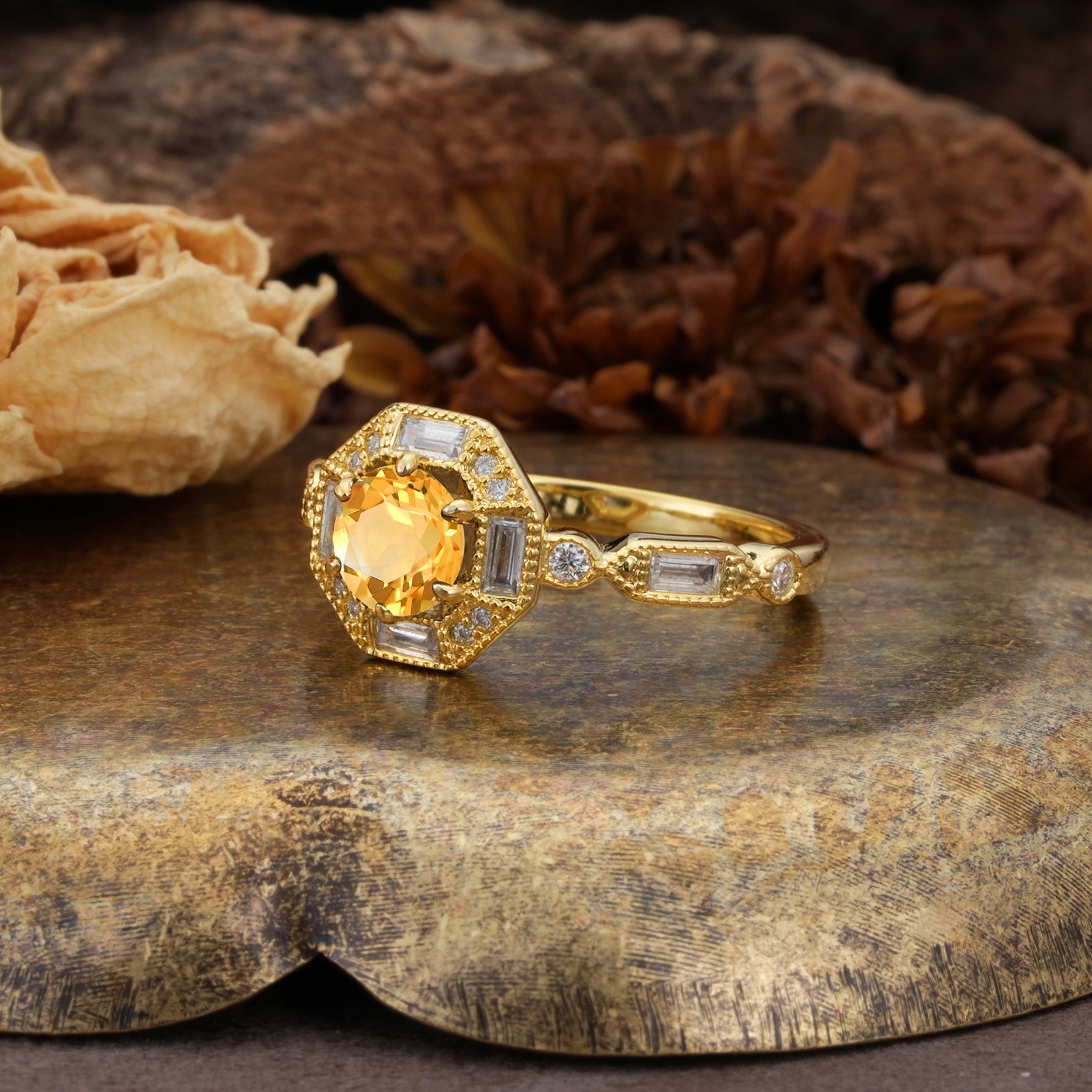 Classic Vintage Six-Prong Round-Cut Citrine Engagement Ring - Additional view