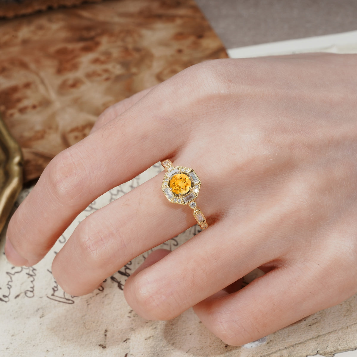 Classic Vintage Six-Prong Round-Cut Citrine Engagement Ring - Additional view