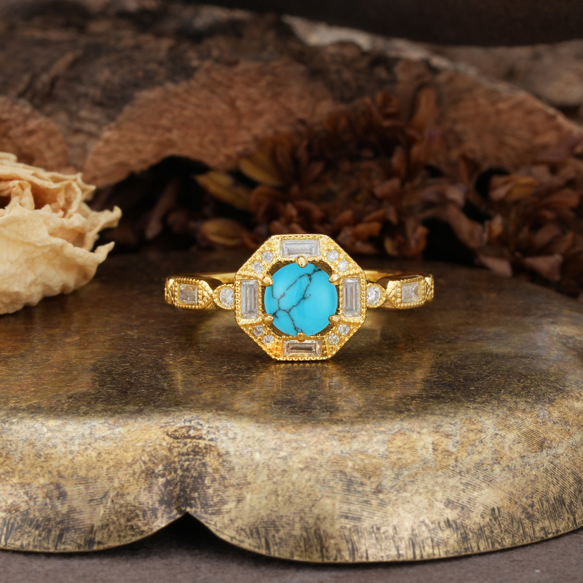Classic Vintage Six-Prong Round-Cut Turquoise Engagement Ring - Additional view