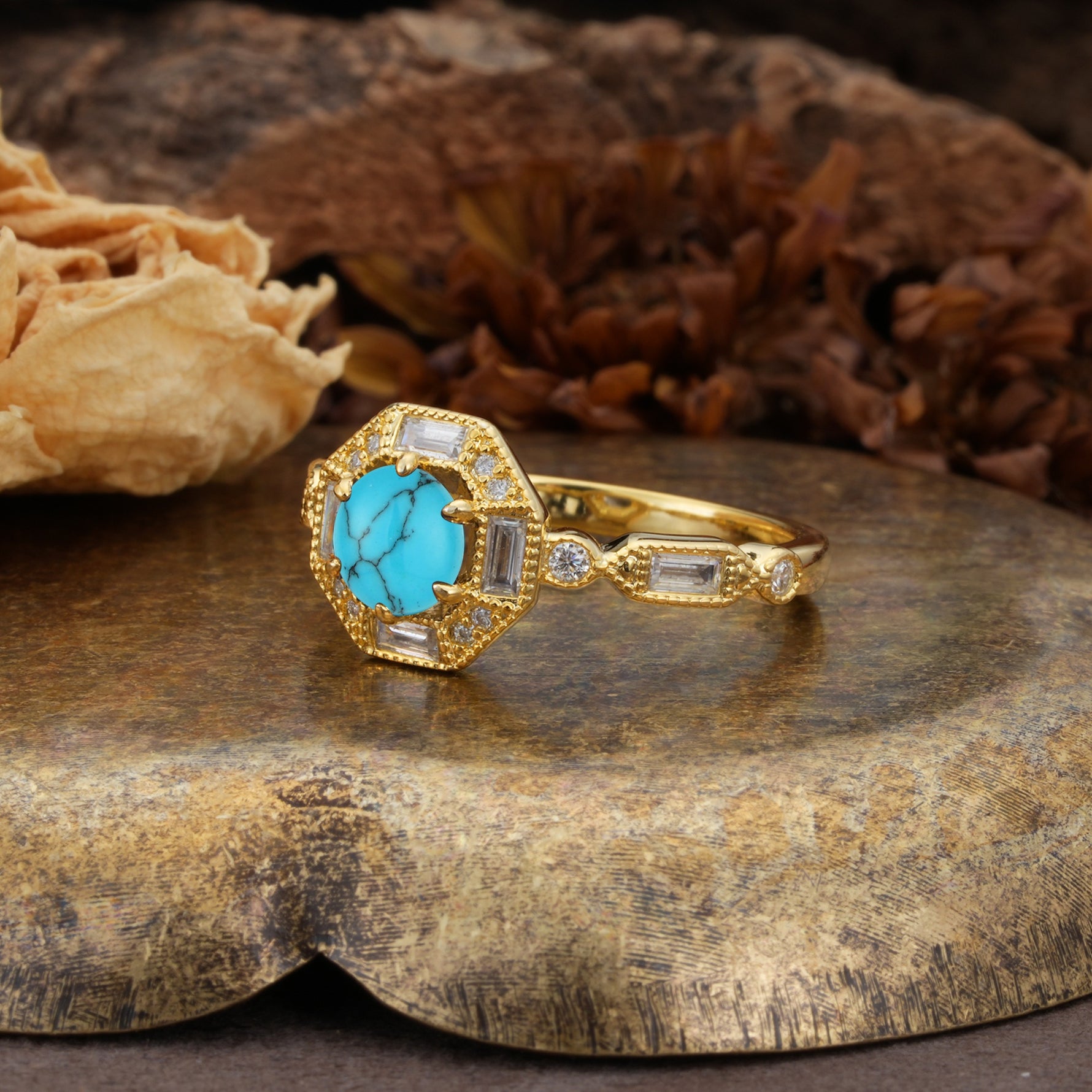 Classic Vintage Six-Prong Round-Cut Turquoise Engagement Ring - Additional view