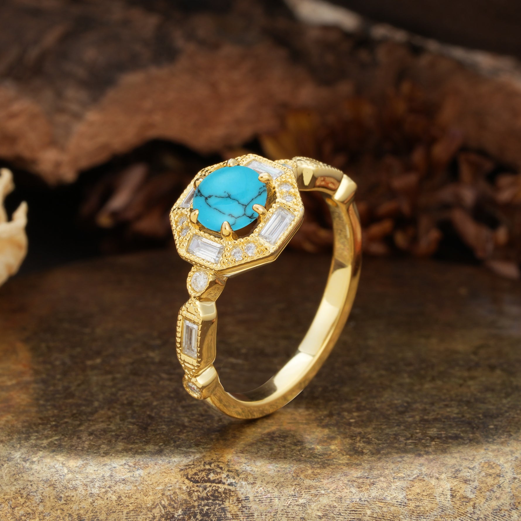 Classic Vintage Six-Prong Round-Cut Turquoise Engagement Ring - Additional view
