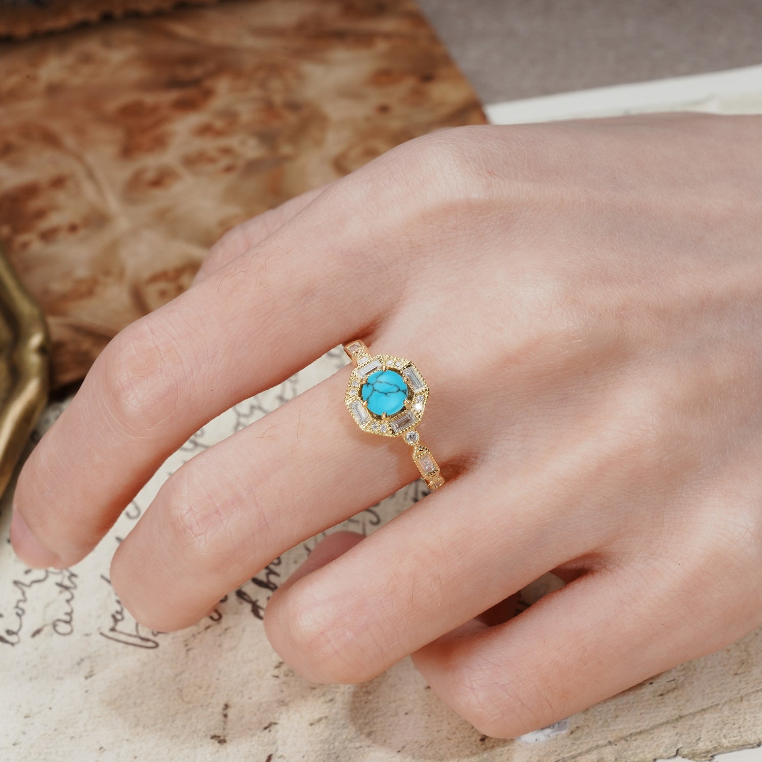 Classic Vintage Six-Prong Round-Cut Turquoise Engagement Ring - Additional view