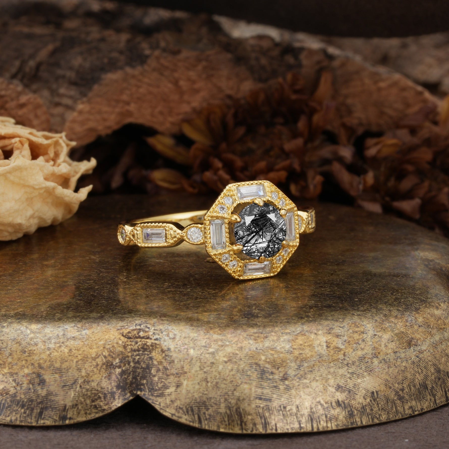 Classic Vintage Six-Prong Round-Cut Black Rutilated Quartz Engagement Ring - Additional view