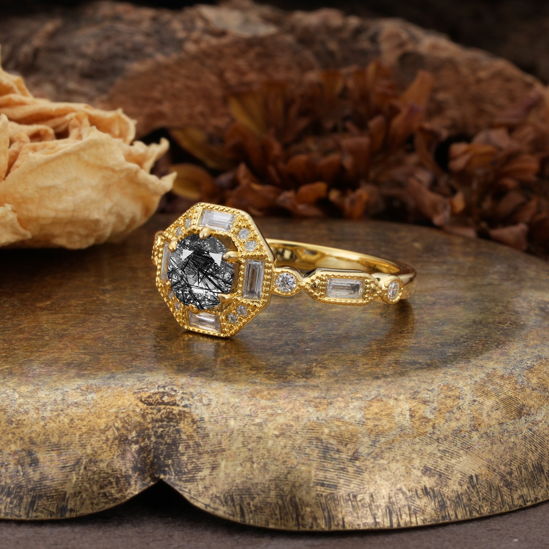 Classic Vintage Six-Prong Round-Cut Black Rutilated Quartz Engagement Ring - Additional view