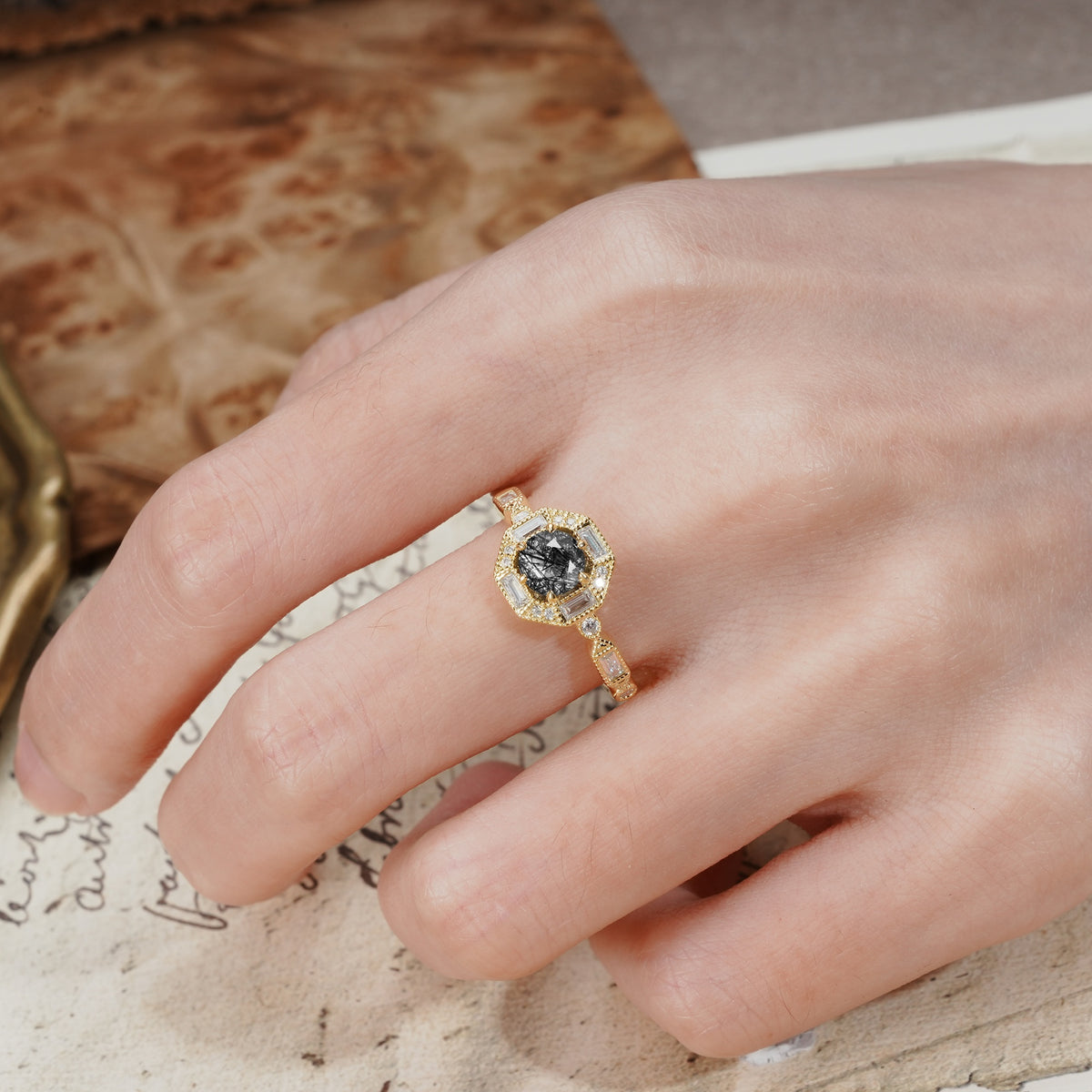 Classic Vintage Six-Prong Round-Cut Black Rutilated Quartz Engagement Ring - Additional view