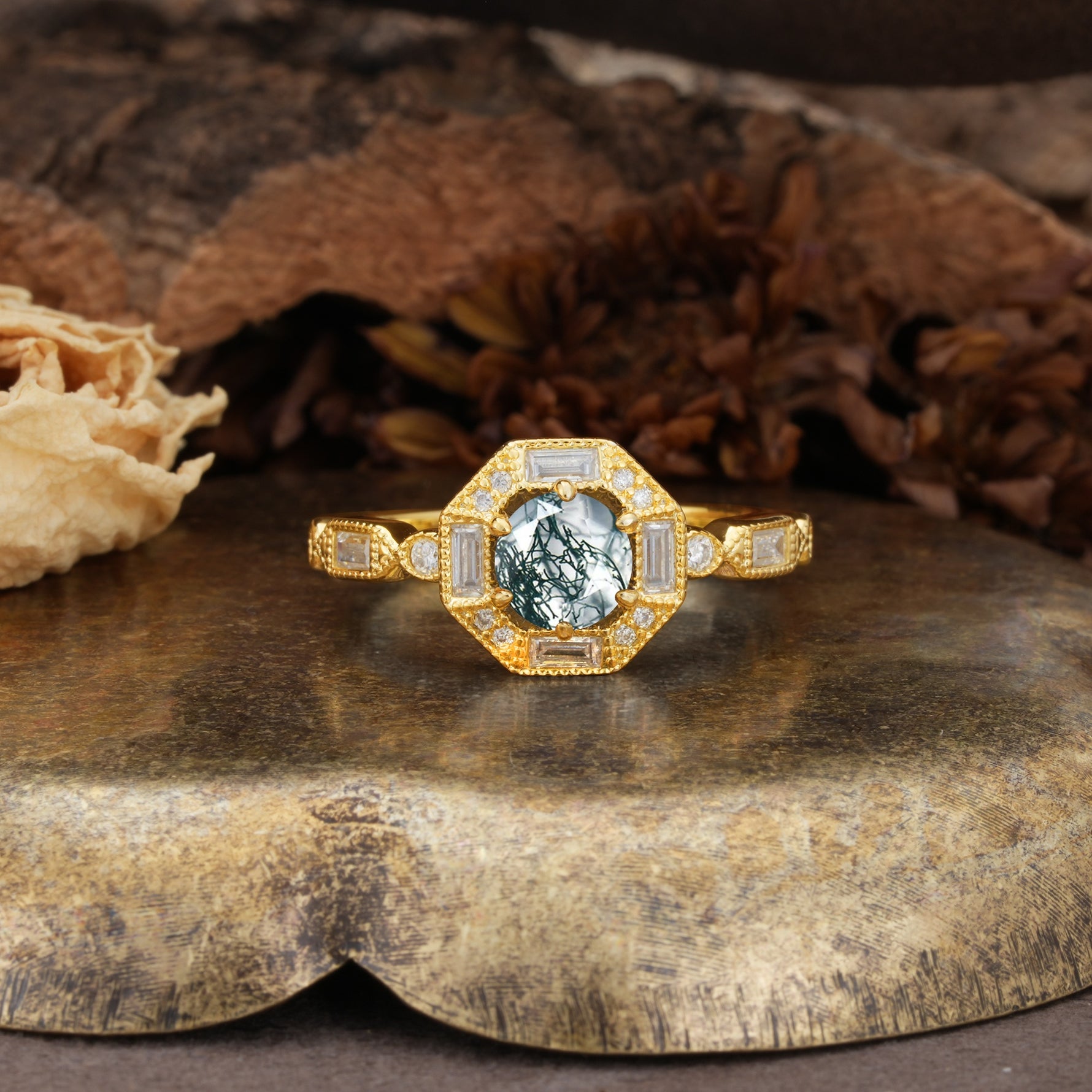 Classic Vintage Six-Prong Round-Cut Moss Agate Engagement Ring - Additional view