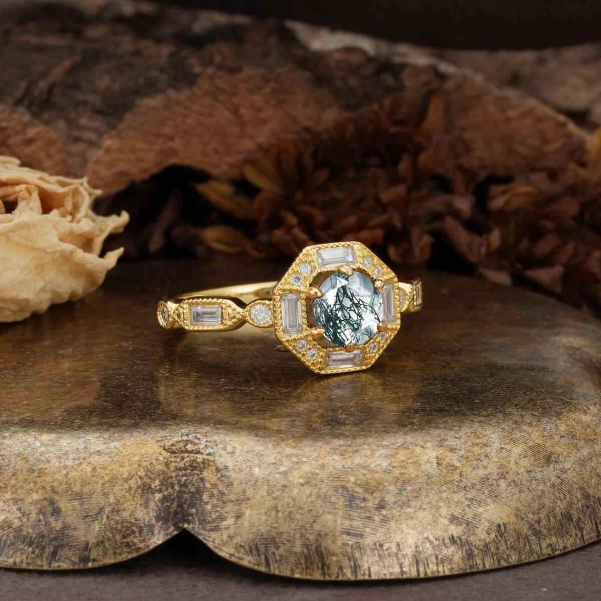 Classic Vintage Six-Prong Round-Cut Moss Agate Engagement Ring - Additional view
