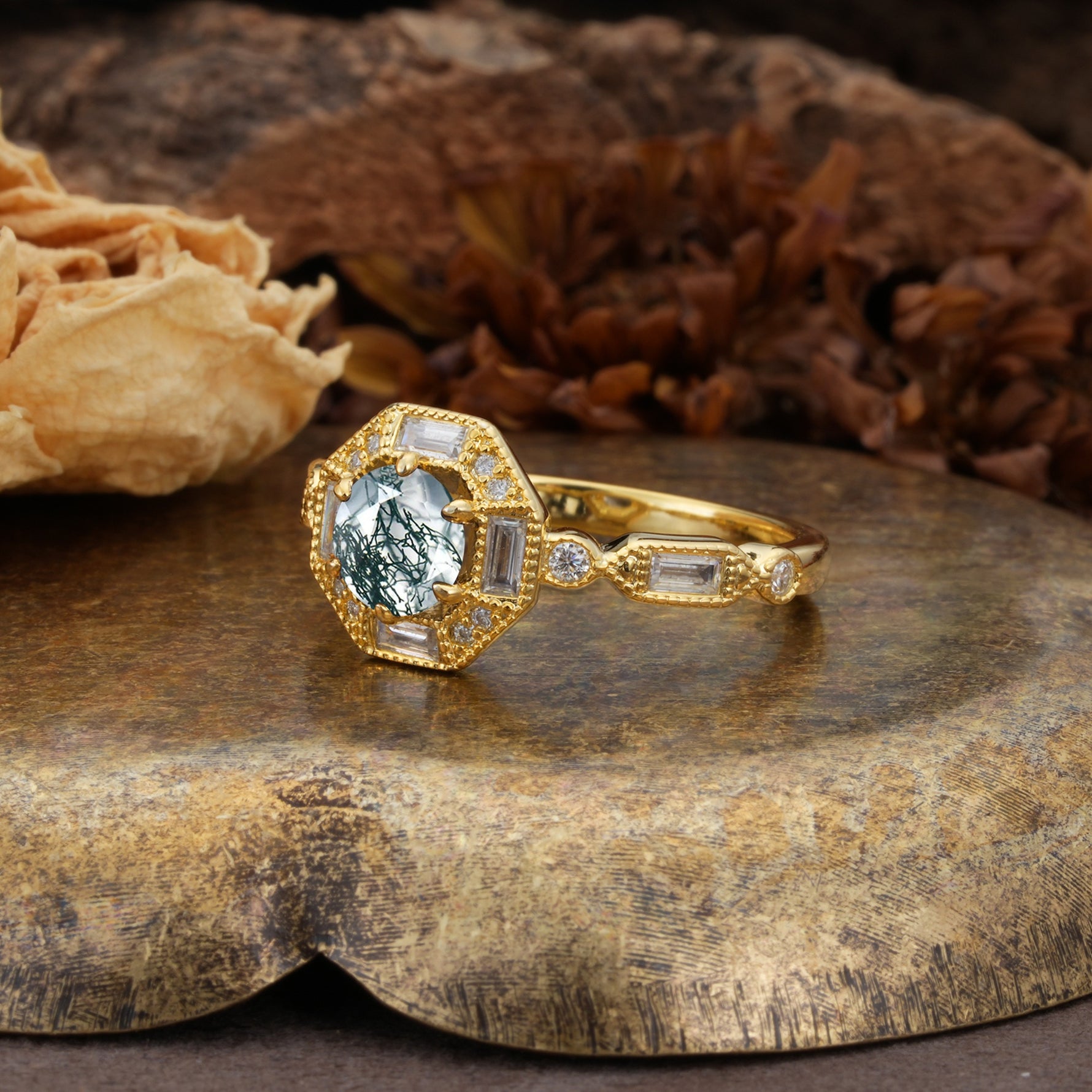 Classic Vintage Six-Prong Round-Cut Moss Agate Engagement Ring - Additional view
