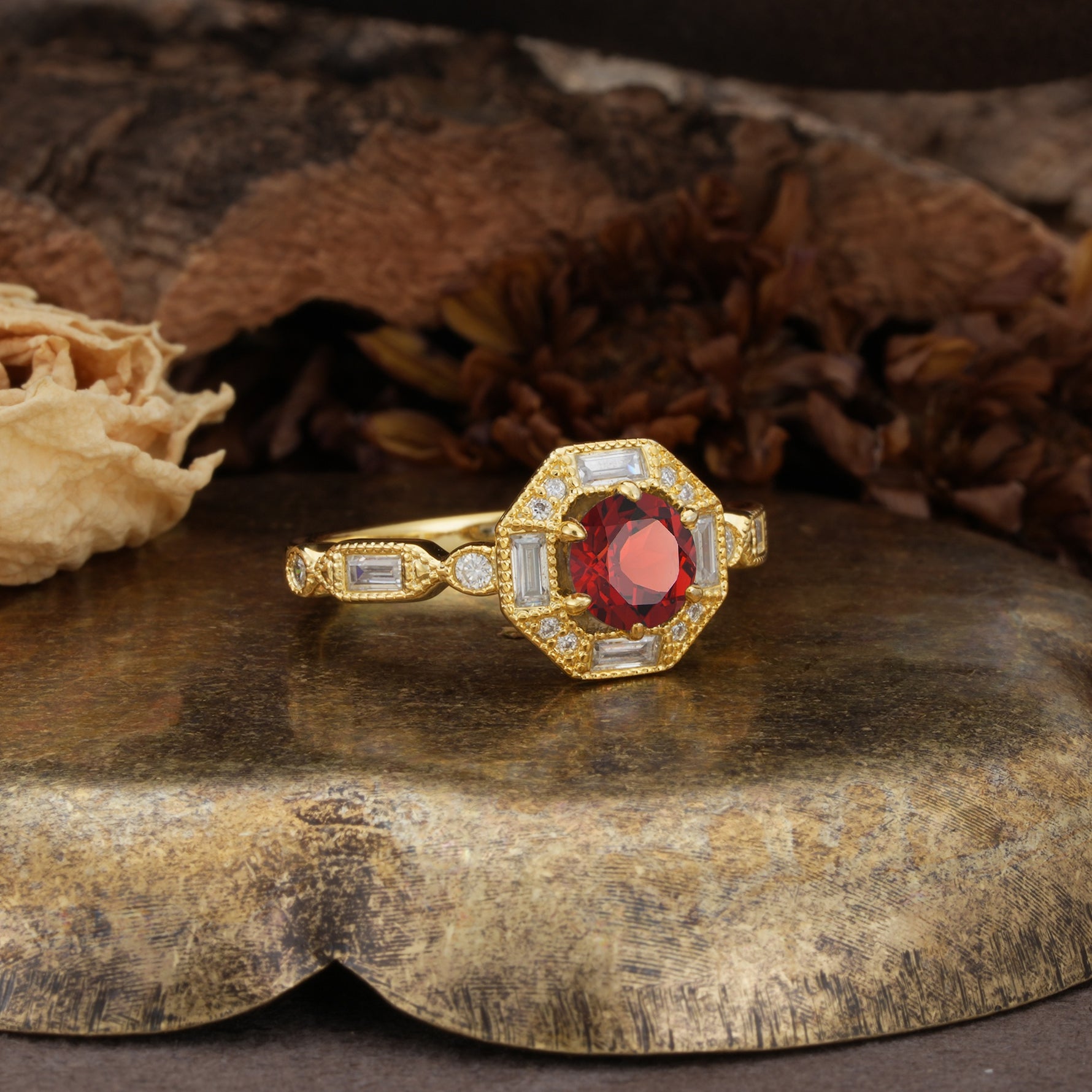 Classic Vintage Six-Prong Round-Cut Garnet Engagement Ring - Additional view