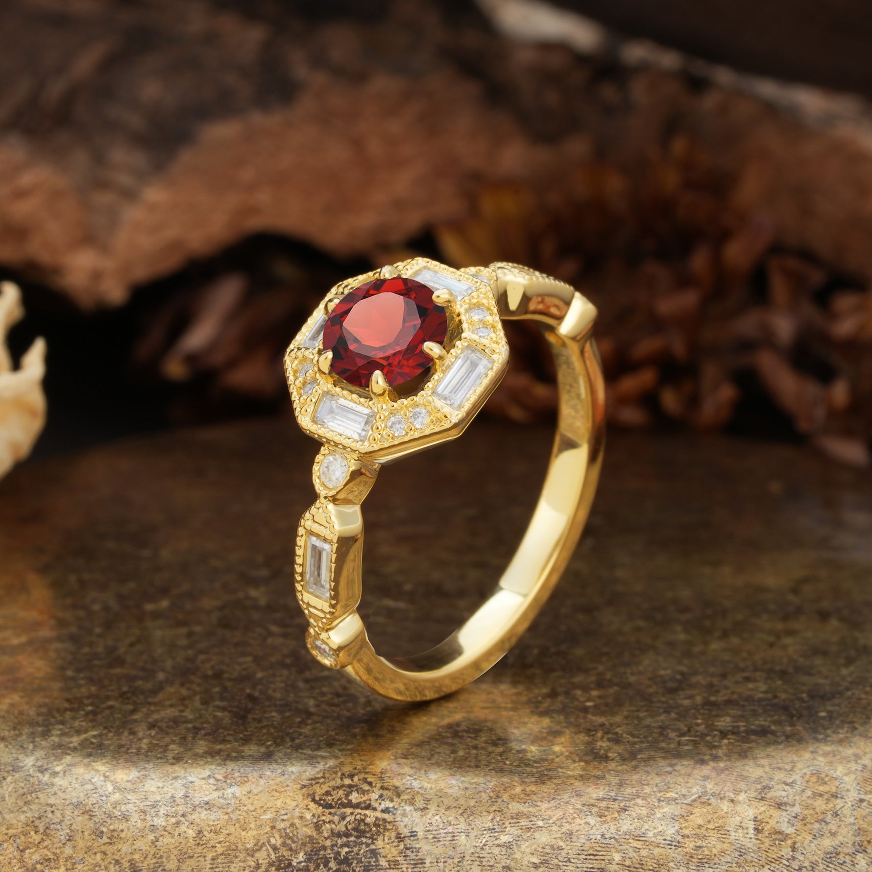 Classic Vintage Six-Prong Round-Cut Garnet Engagement Ring - Additional view