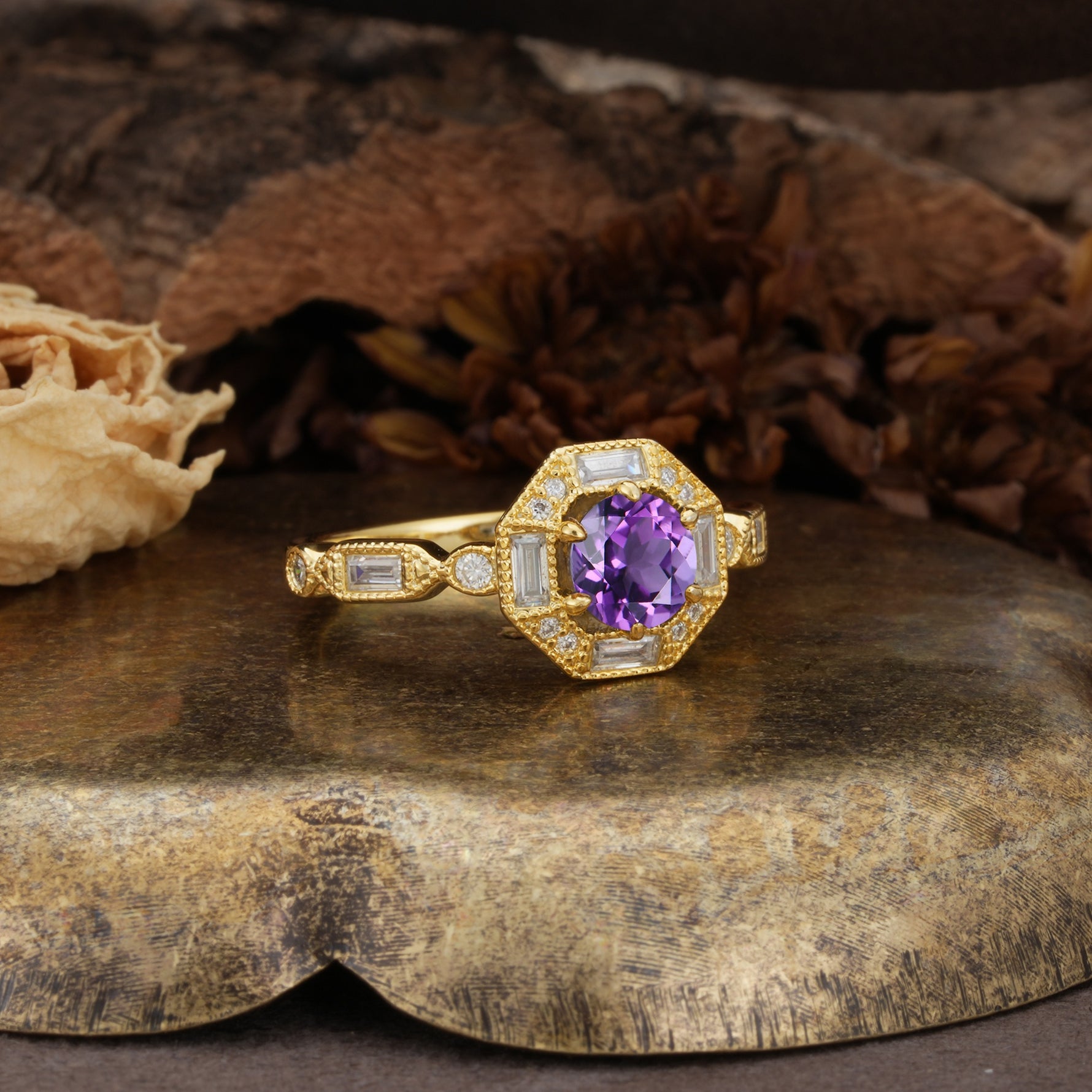 Classic Vintage Six-Prong Round-Cut Amethyst Engagement Ring - Additional view