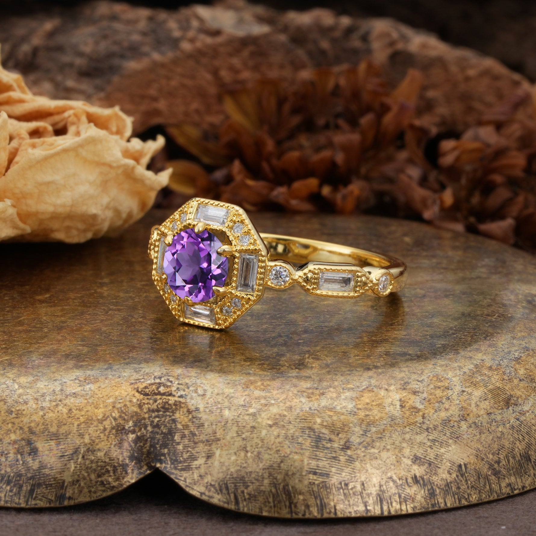 Classic Vintage Six-Prong Round-Cut Amethyst Engagement Ring - Additional view