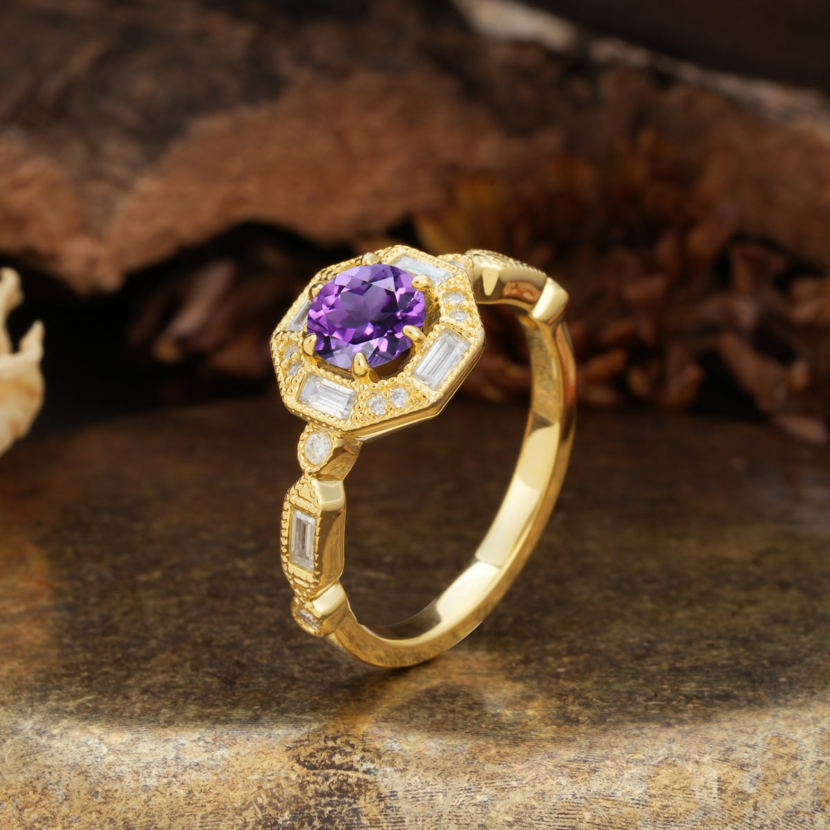 Classic Vintage Six-Prong Round-Cut Amethyst Engagement Ring - Additional view