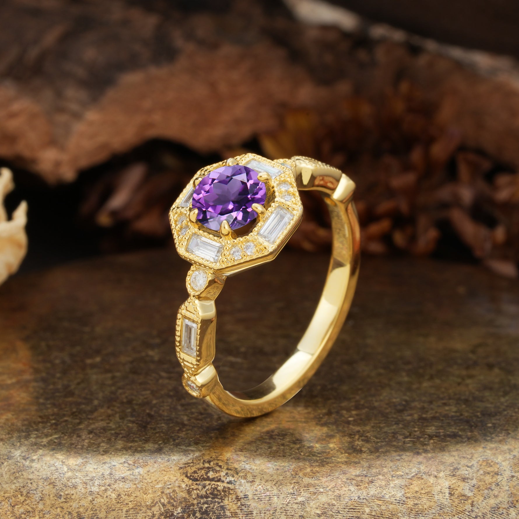 Classic Vintage Six-Prong Round-Cut Amethyst Engagement Ring - Additional view