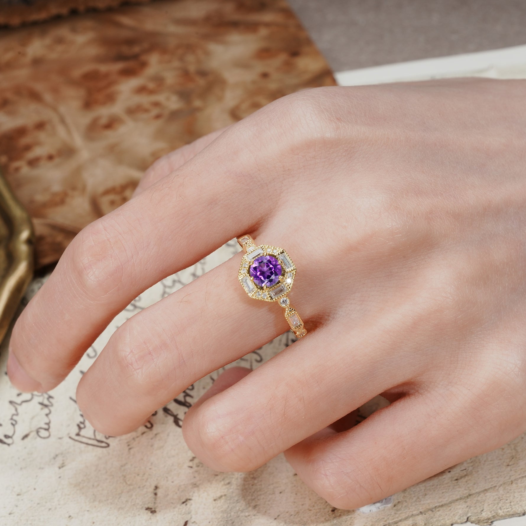 Classic Vintage Six-Prong Round-Cut Amethyst Engagement Ring - Additional view