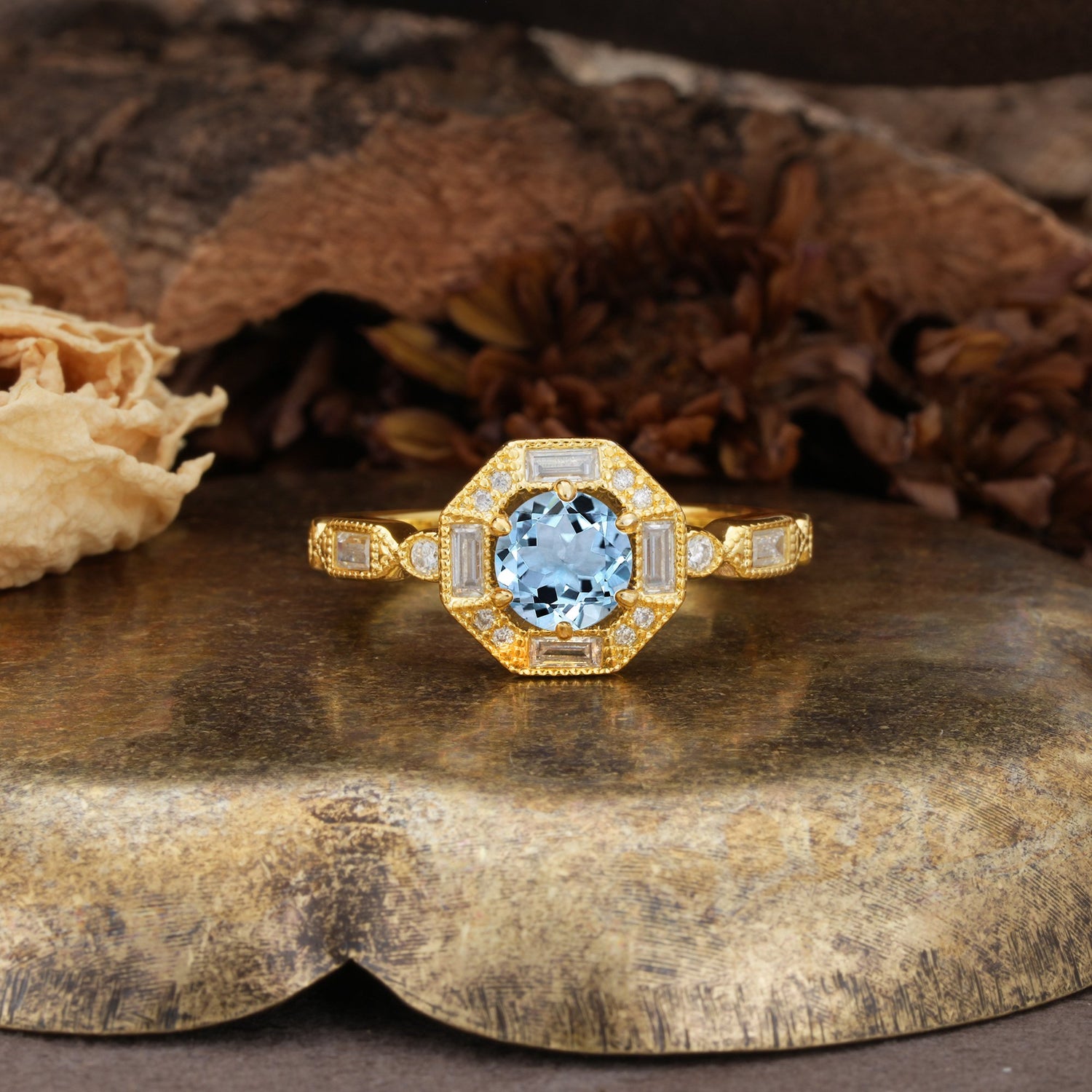 Classic Vintage Six Prong Round Cut Aquamarine Engagement Ring