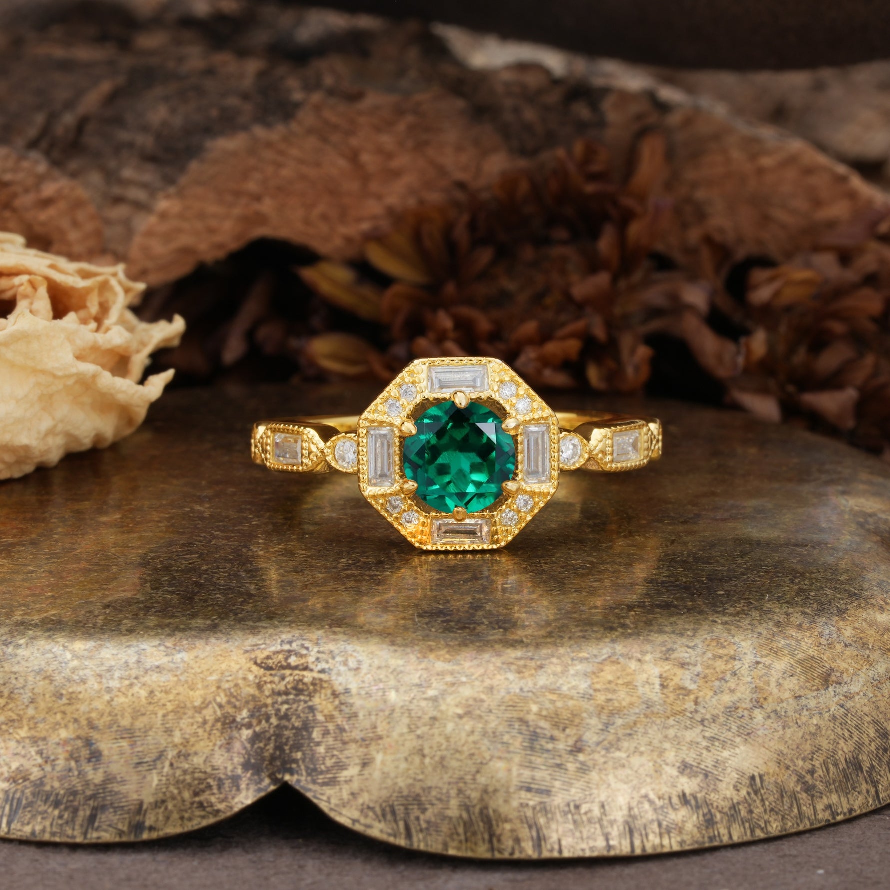 Classic Vintage Six-Prong Round-Cut Emerald Engagement Ring - Additional view