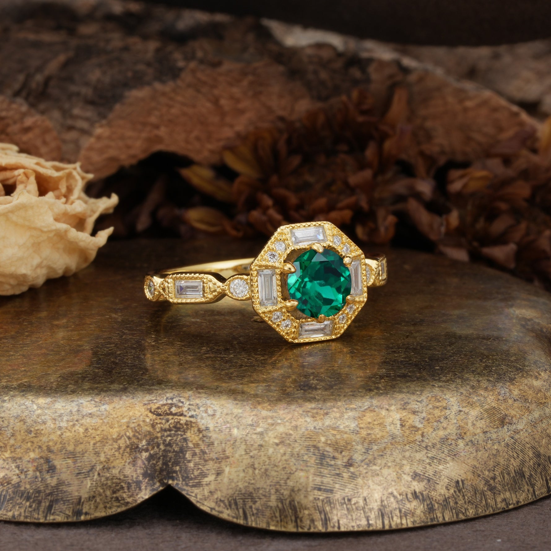 Classic Vintage Six-Prong Round-Cut Emerald Engagement Ring - Additional view