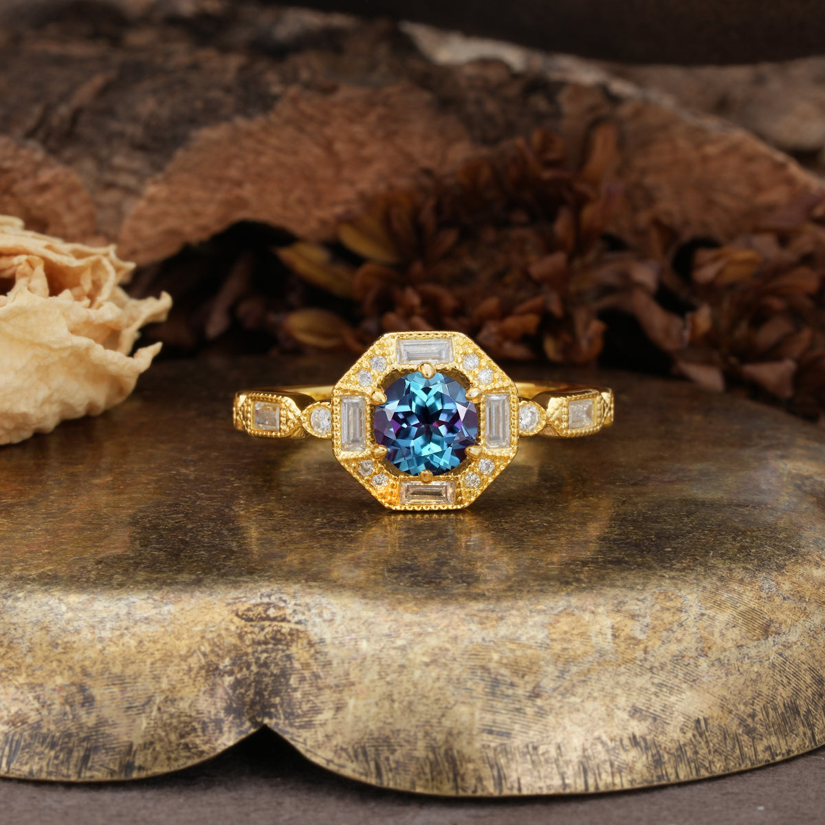 Classic Vintage Six-Prong Round-Cut Alexandrite Engagement Ring - Additional view