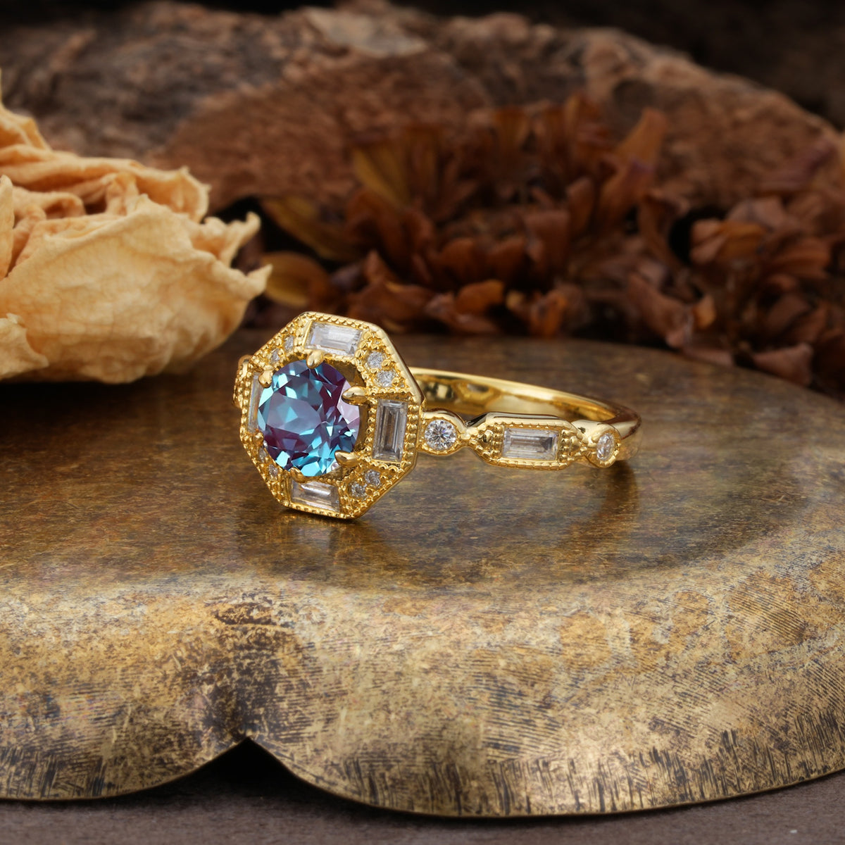 Classic Vintage Six-Prong Round-Cut Alexandrite Engagement Ring - Additional view
