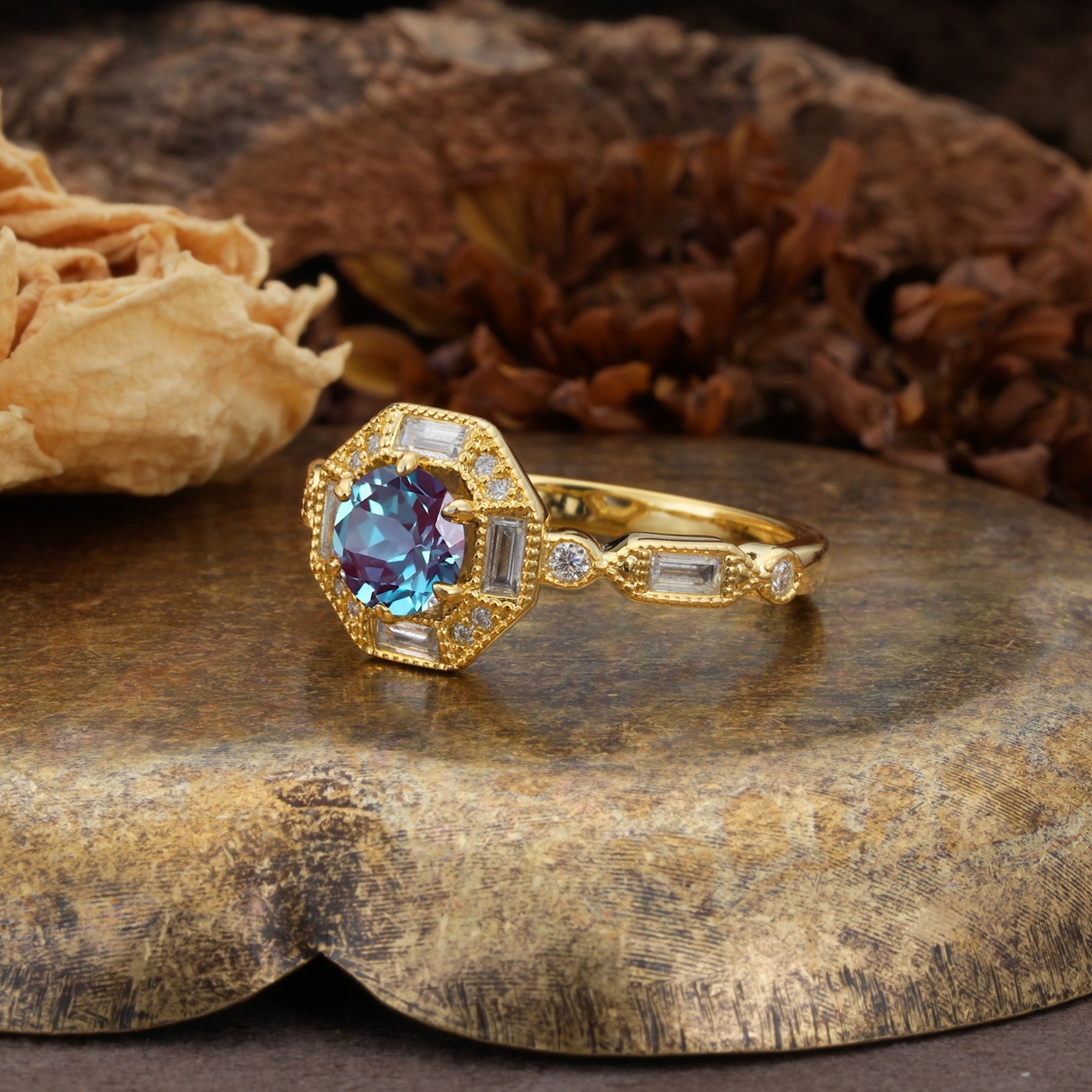 Classic Vintage Six-Prong Round-Cut Alexandrite Engagement Ring - Additional view