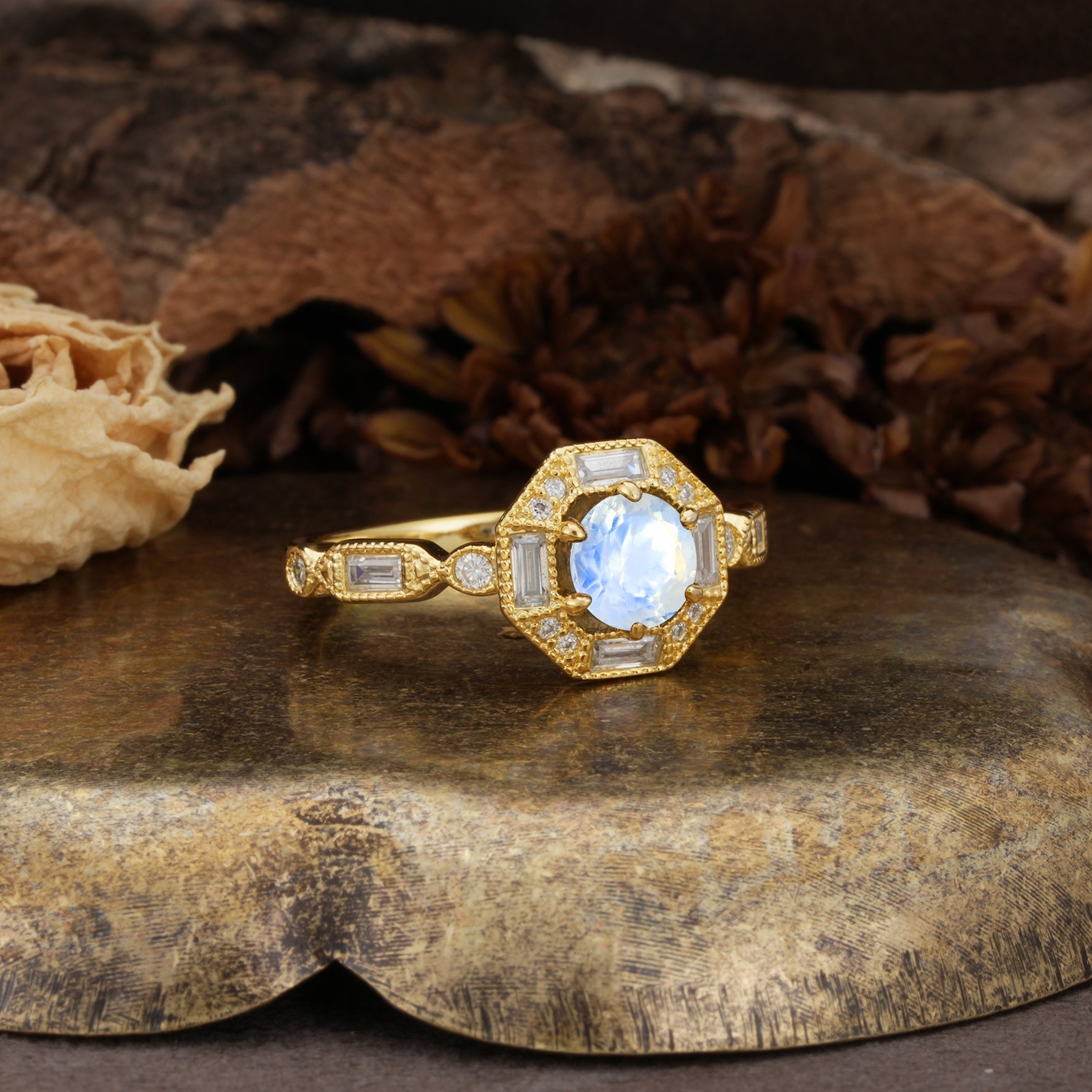 Classic Vintage Six-Prong Round-Cut Moonstone Engagement Ring - Additional view