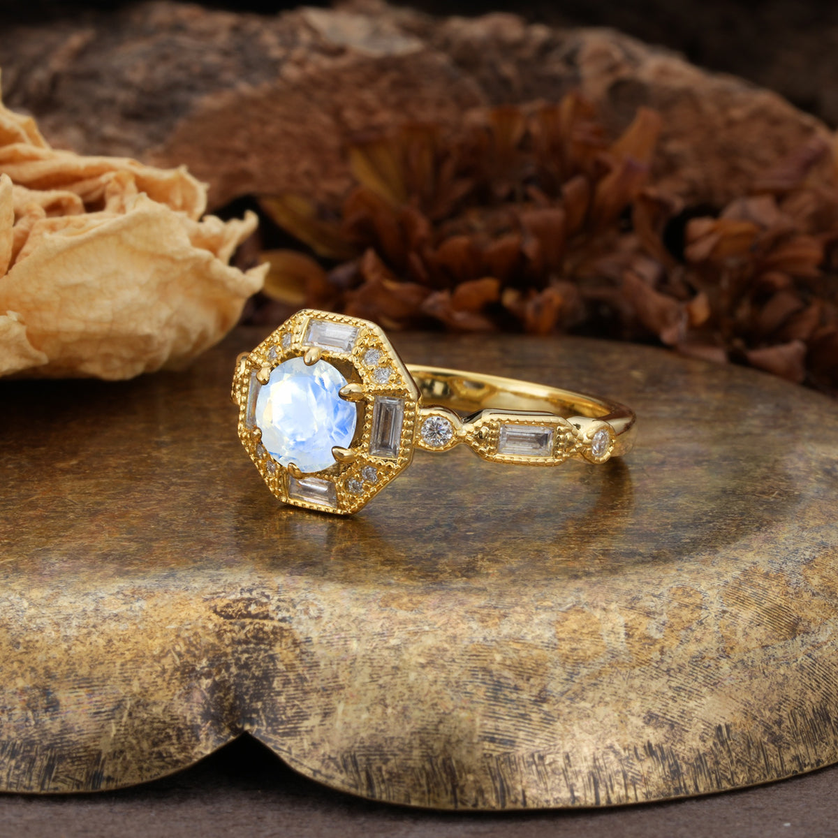 Classic Vintage Six-Prong Round-Cut Moonstone Engagement Ring - Additional view