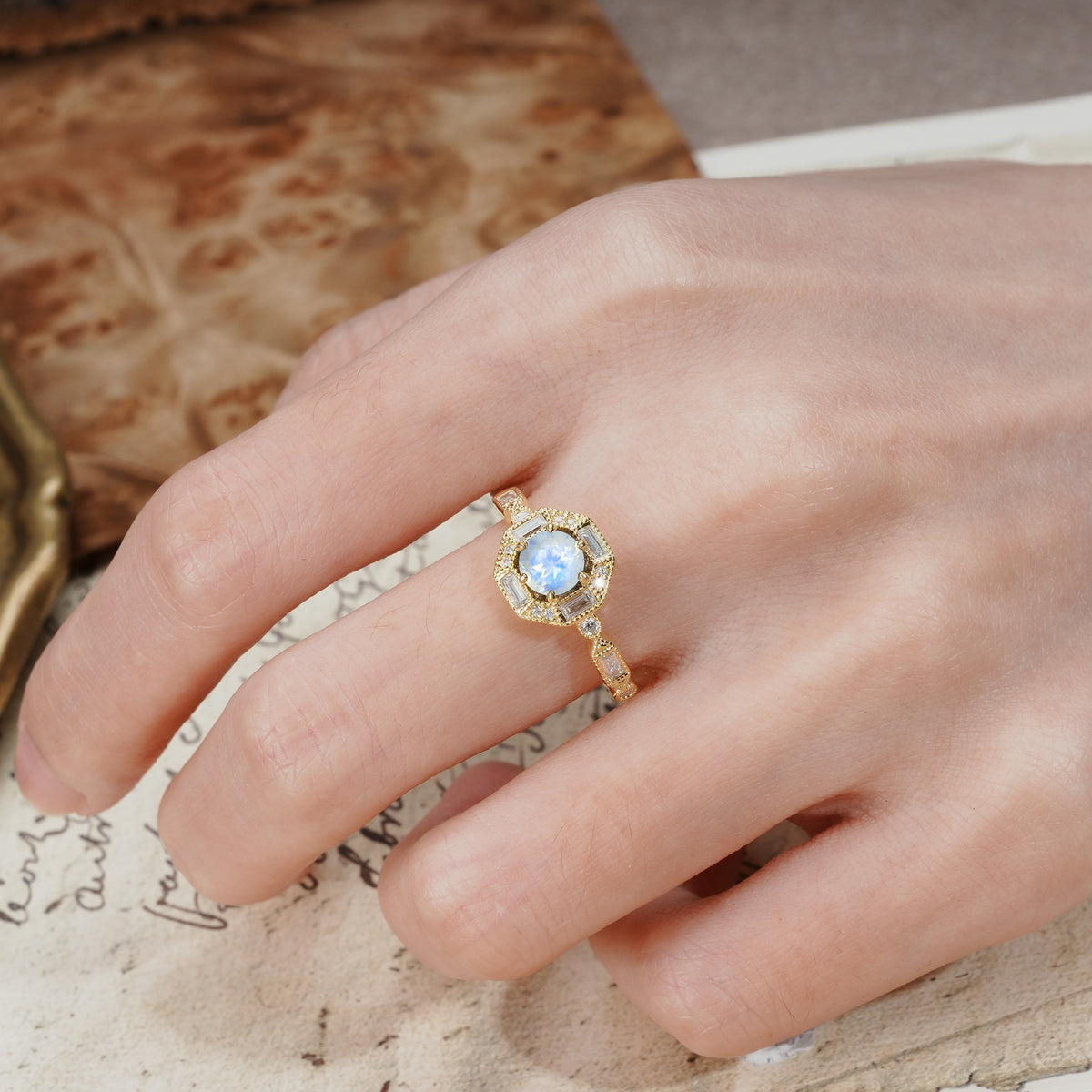 Classic Vintage Six-Prong Round-Cut Moonstone Engagement Ring - Additional view