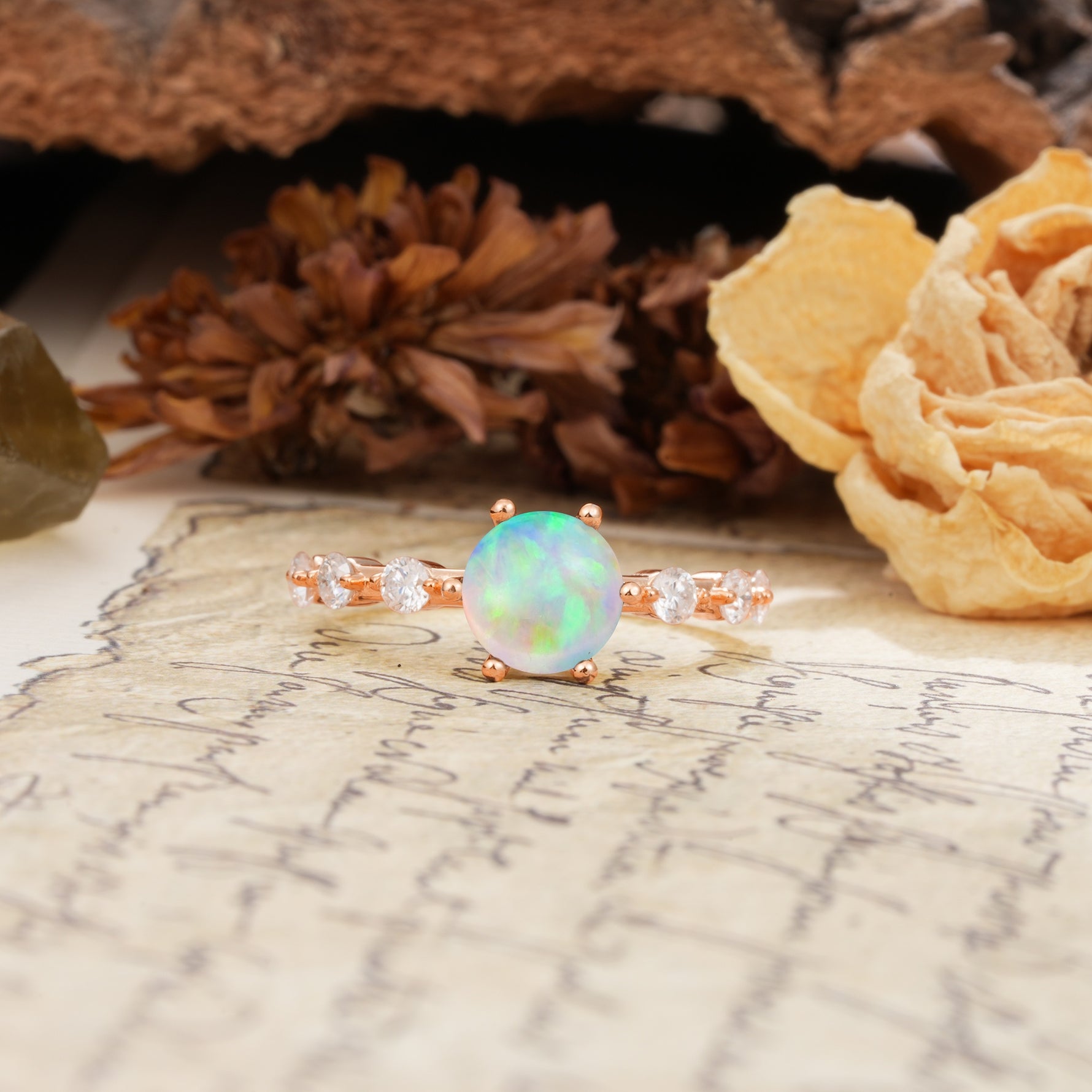 Unique 6-Prong Round Cut Fire Opal Engagement Ring - Additional view
