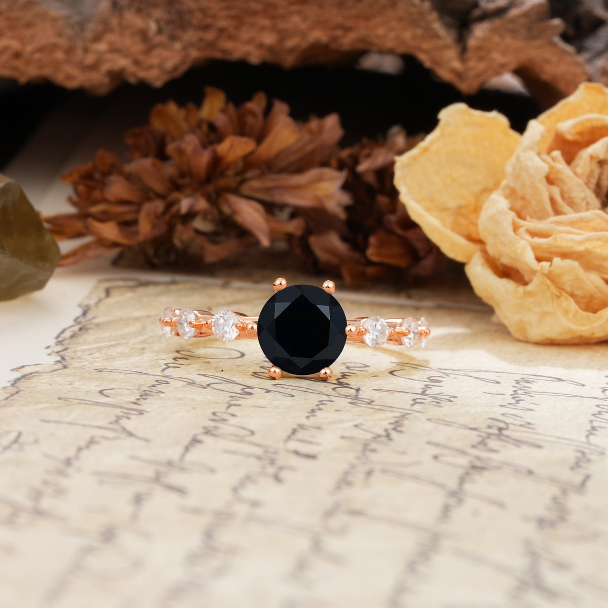 Unique 6-Prong Round Cut Black Onyx Engagement Ring - Additional view