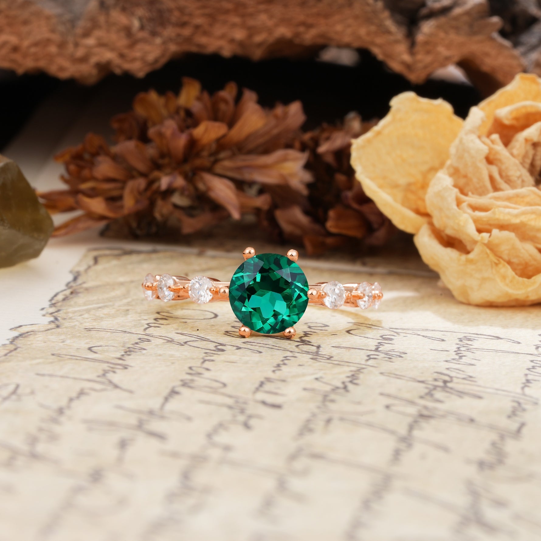 Unique 6-Prong Round Cut Emerald Engagement Ring - Additional view
