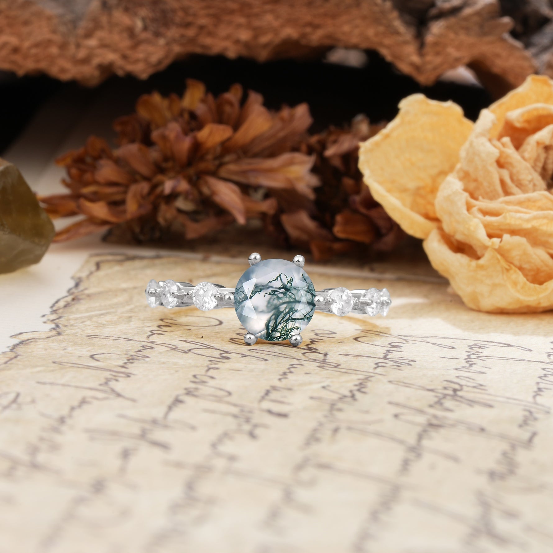 Unique 6-Prong Round Cut Moss Agate Engagement Ring - Additional view
