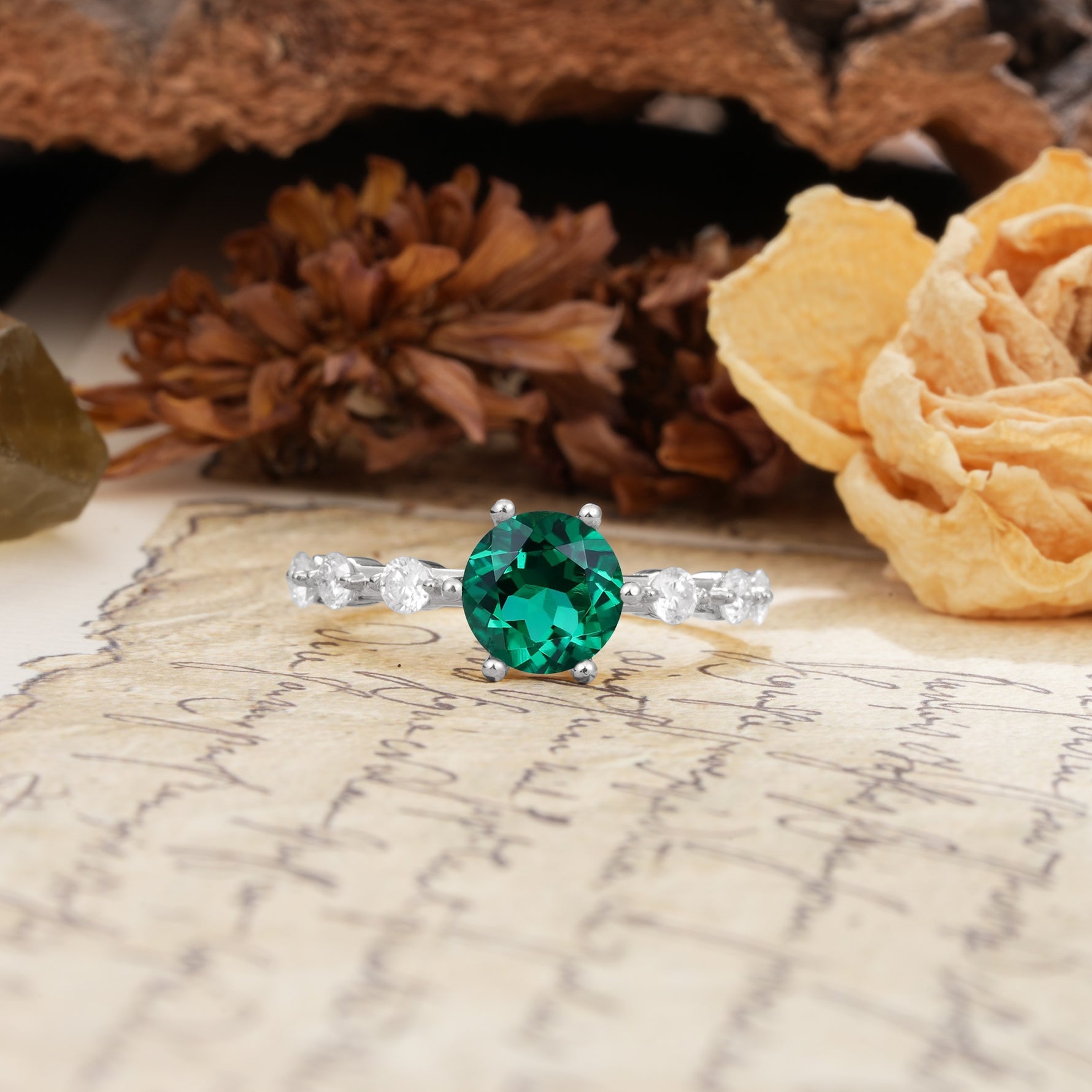 Unique 6-Prong Round Cut Emerald Engagement Ring - Additional view