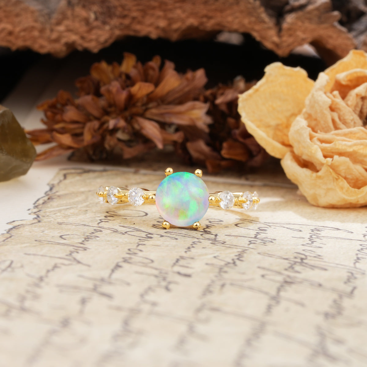Unique 6-Prong Round Cut Fire Opal Engagement Ring - Additional view