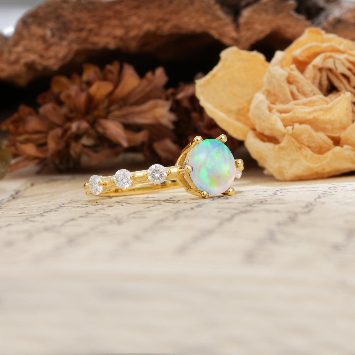 Unique 6-Prong Round Cut Fire Opal Engagement Ring - Additional view
