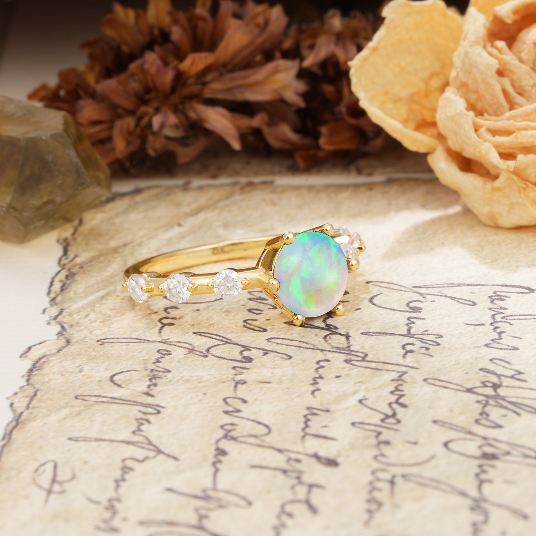 Unique 6-Prong Round Cut Fire Opal Engagement Ring - Additional view