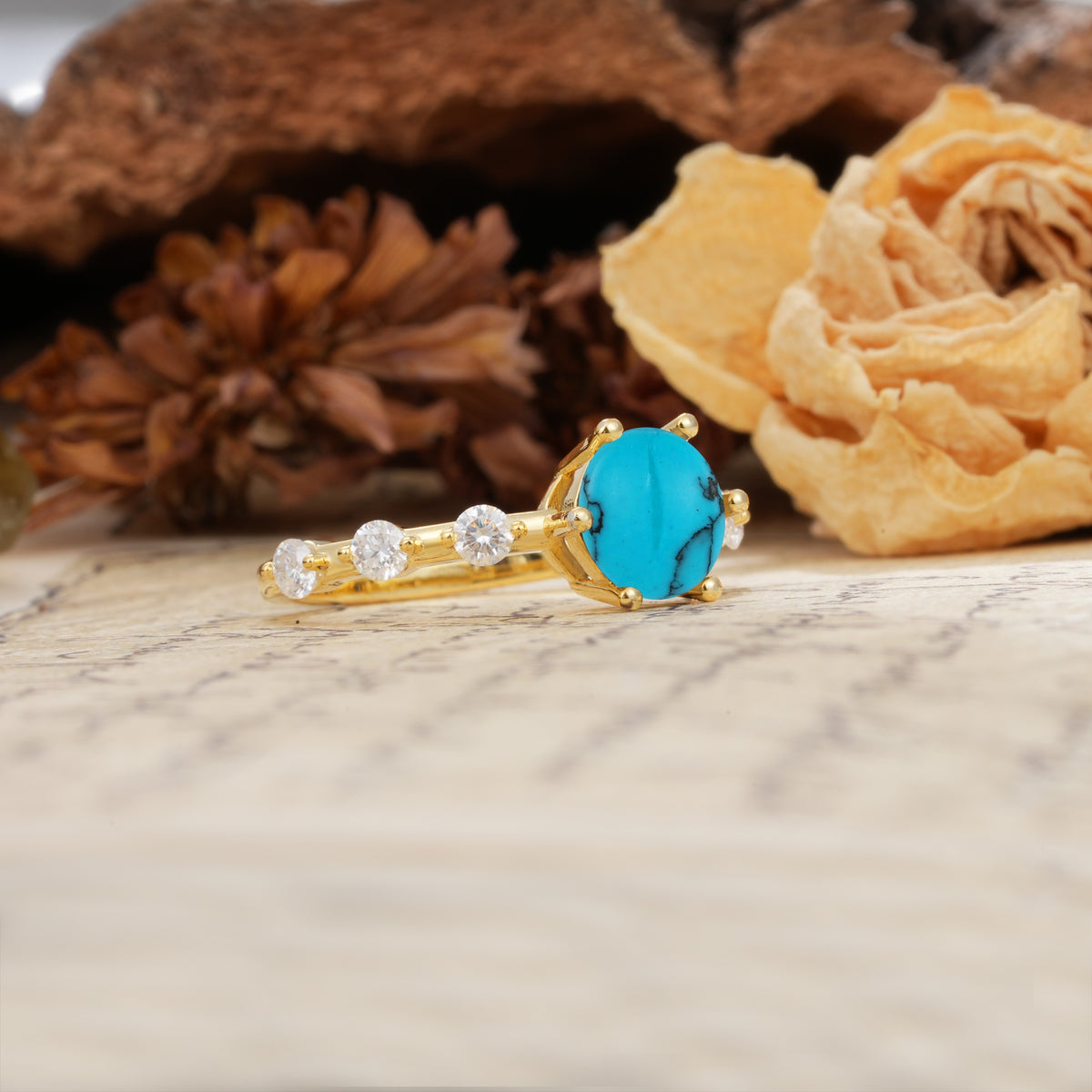 Unique 6-Prong Round Cut Turquoise Engagement Ring - Additional view