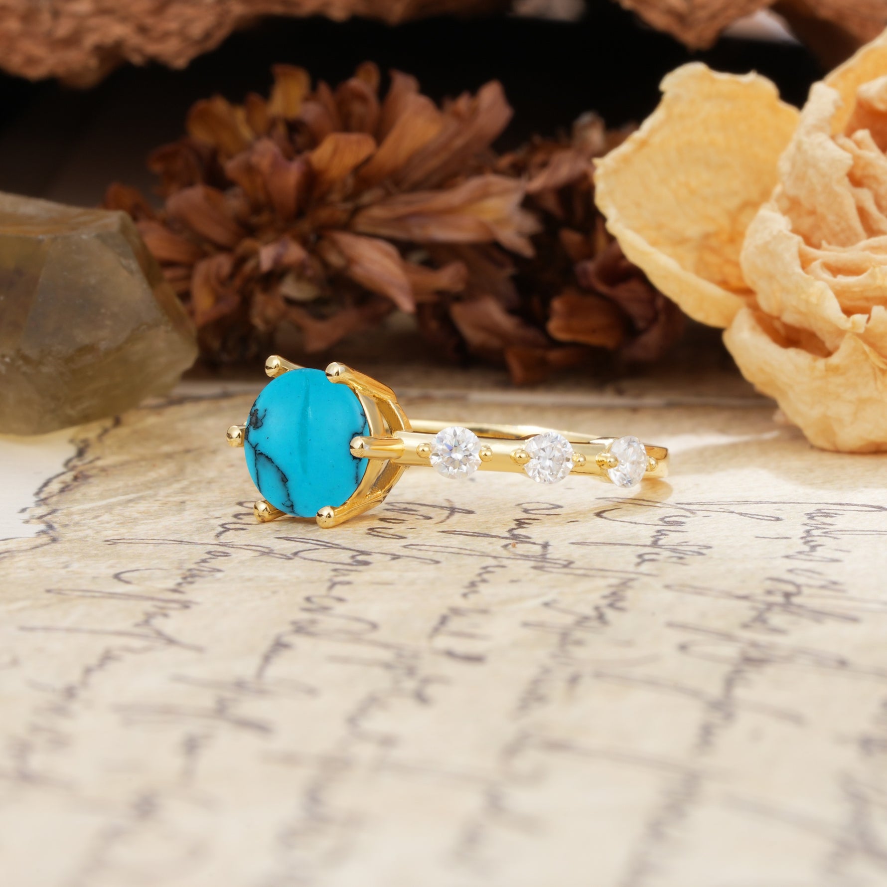 Unique 6-Prong Round Cut Turquoise Engagement Ring - Additional view