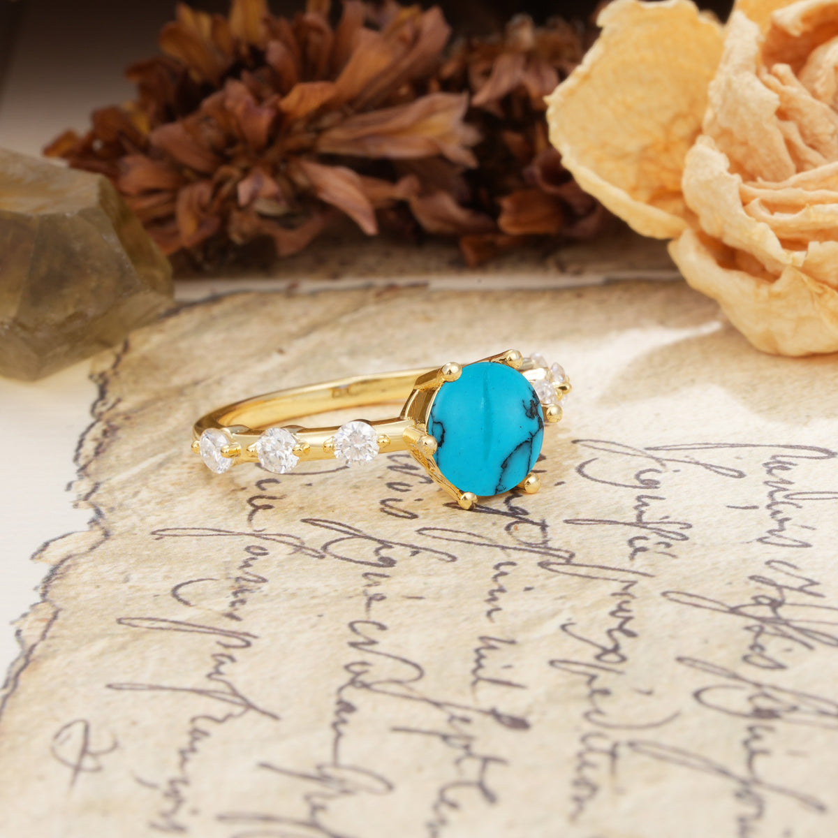 Unique 6-Prong Round Cut Turquoise Engagement Ring - Additional view