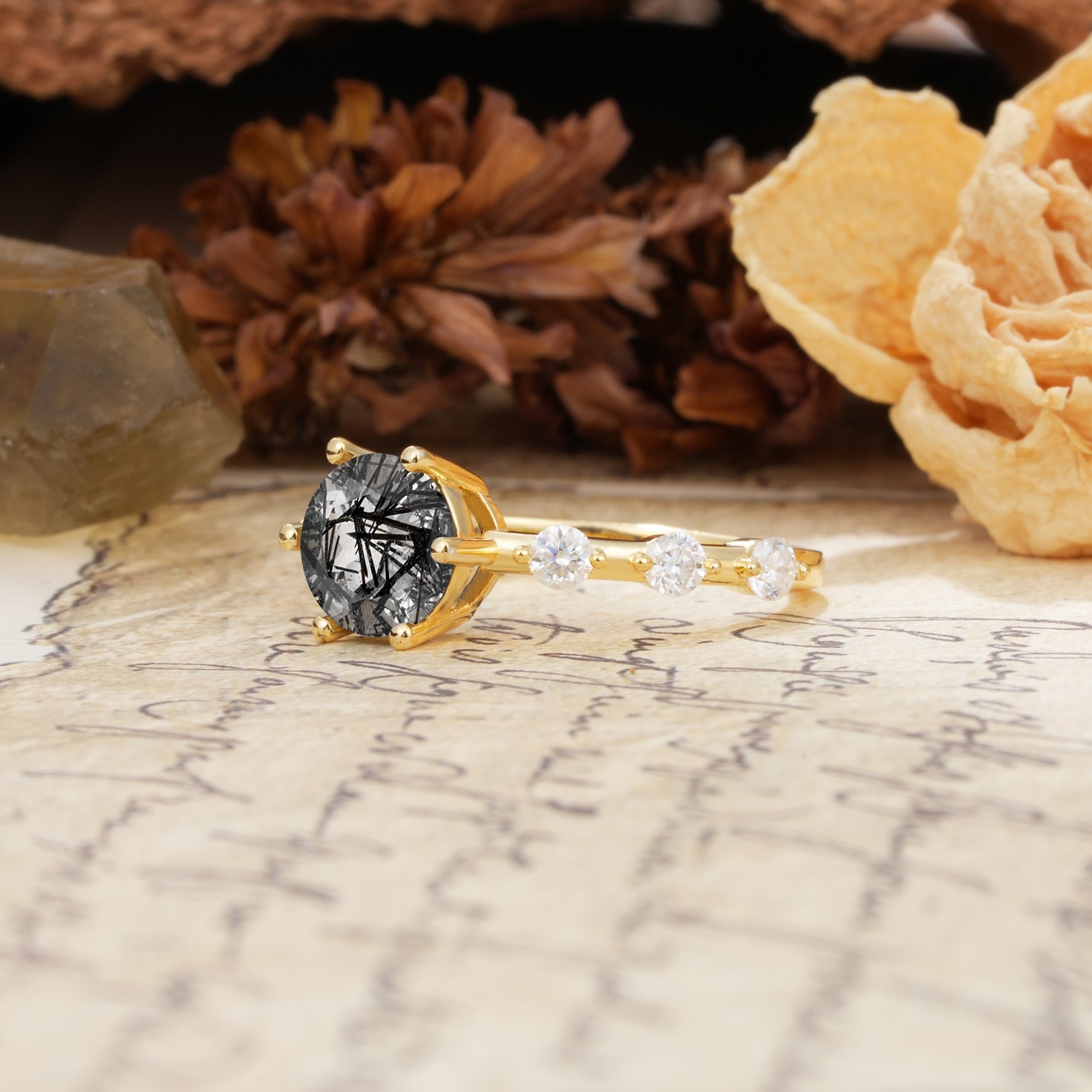 Unique 6-Prong Round Cut Black Rutilated Quartz Engagement Ring - Additional view