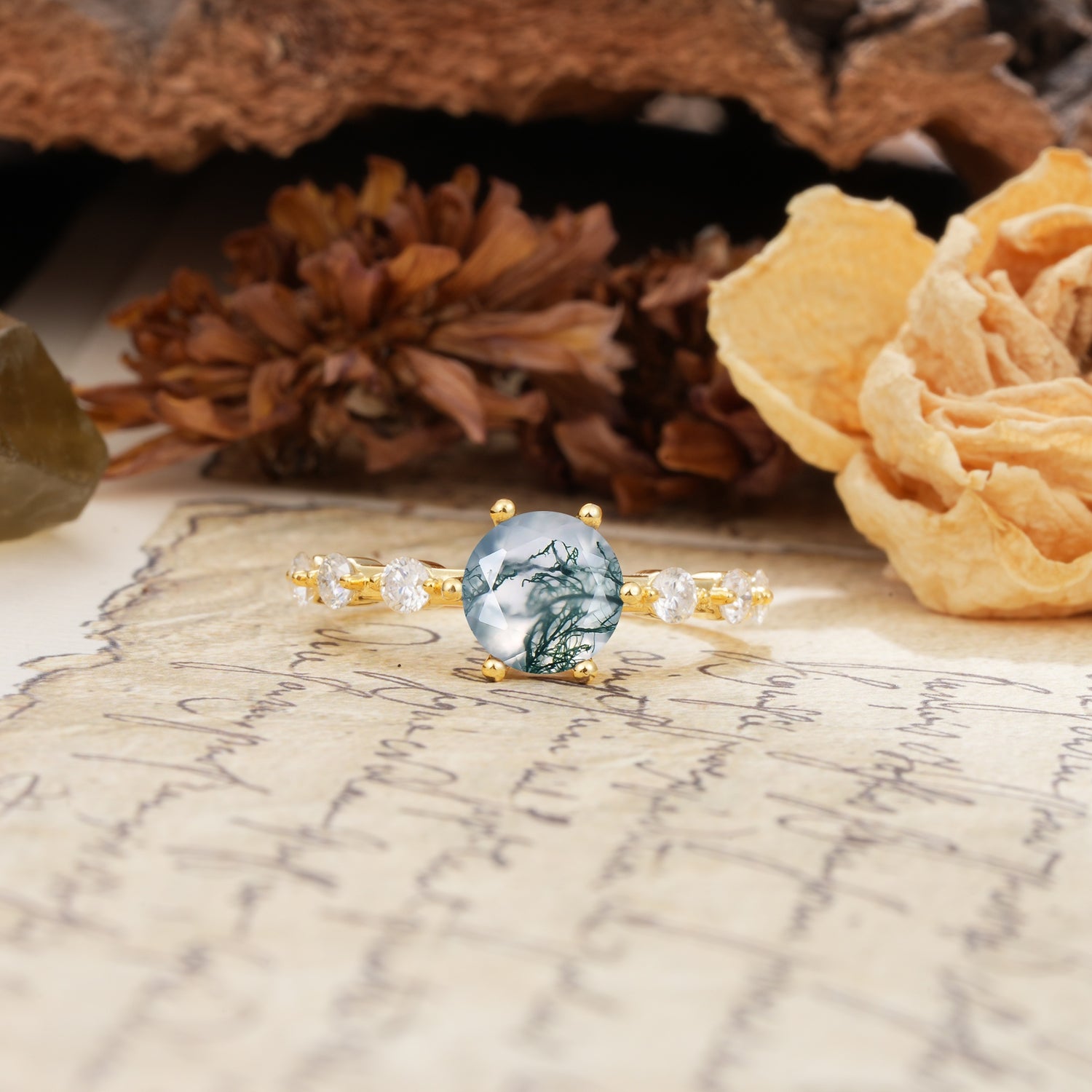 Unique 6-Prong Round Cut Moss Agate Engagement Ring - Additional view