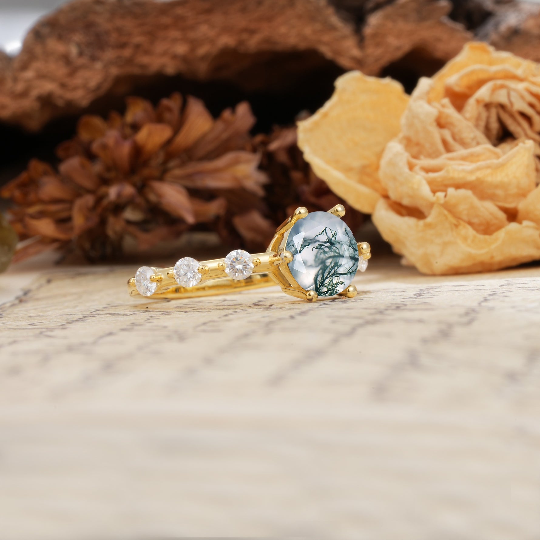 Unique 6-Prong Round Cut Moss Agate Engagement Ring - Additional view