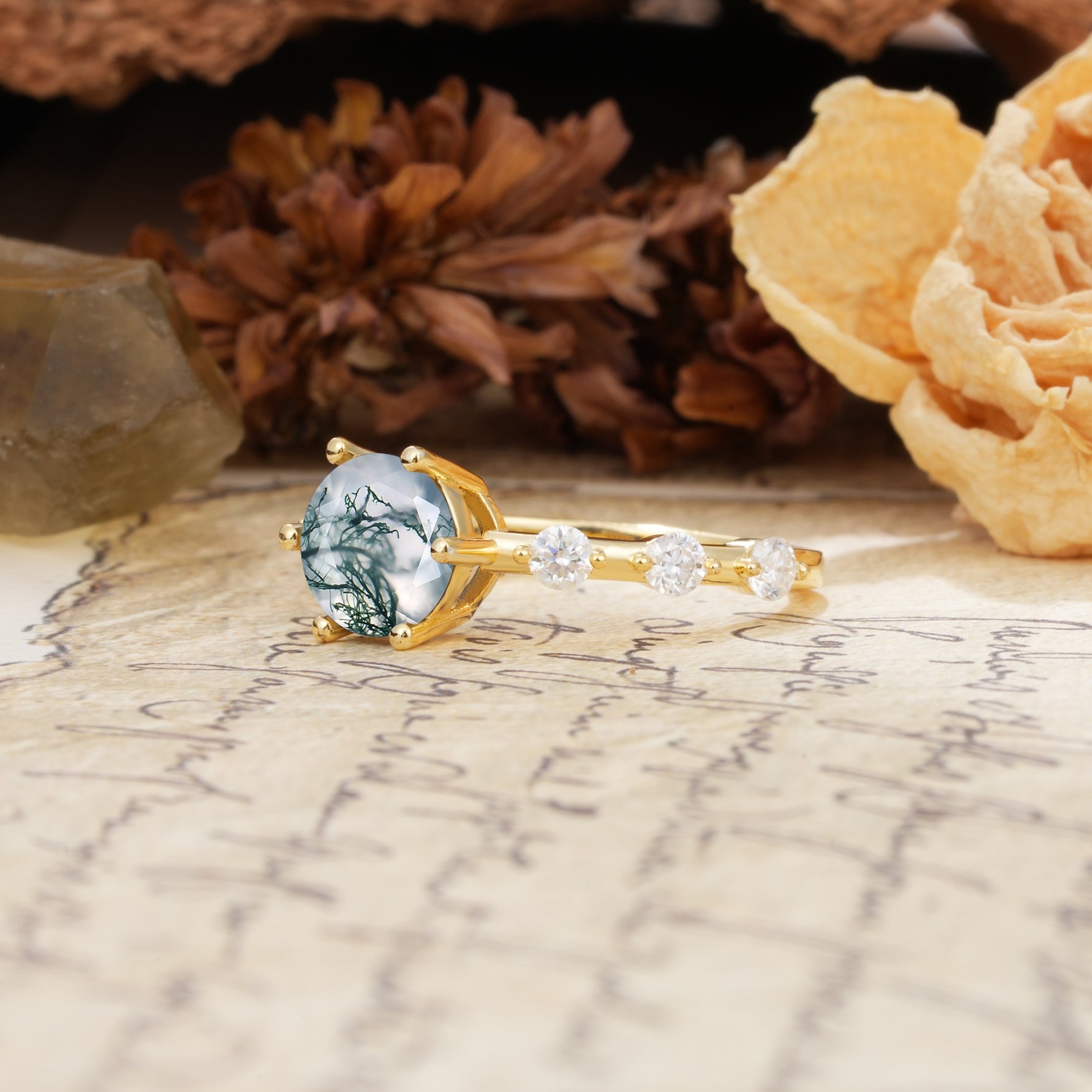 Unique 6-Prong Round Cut Moss Agate Engagement Ring - Additional view